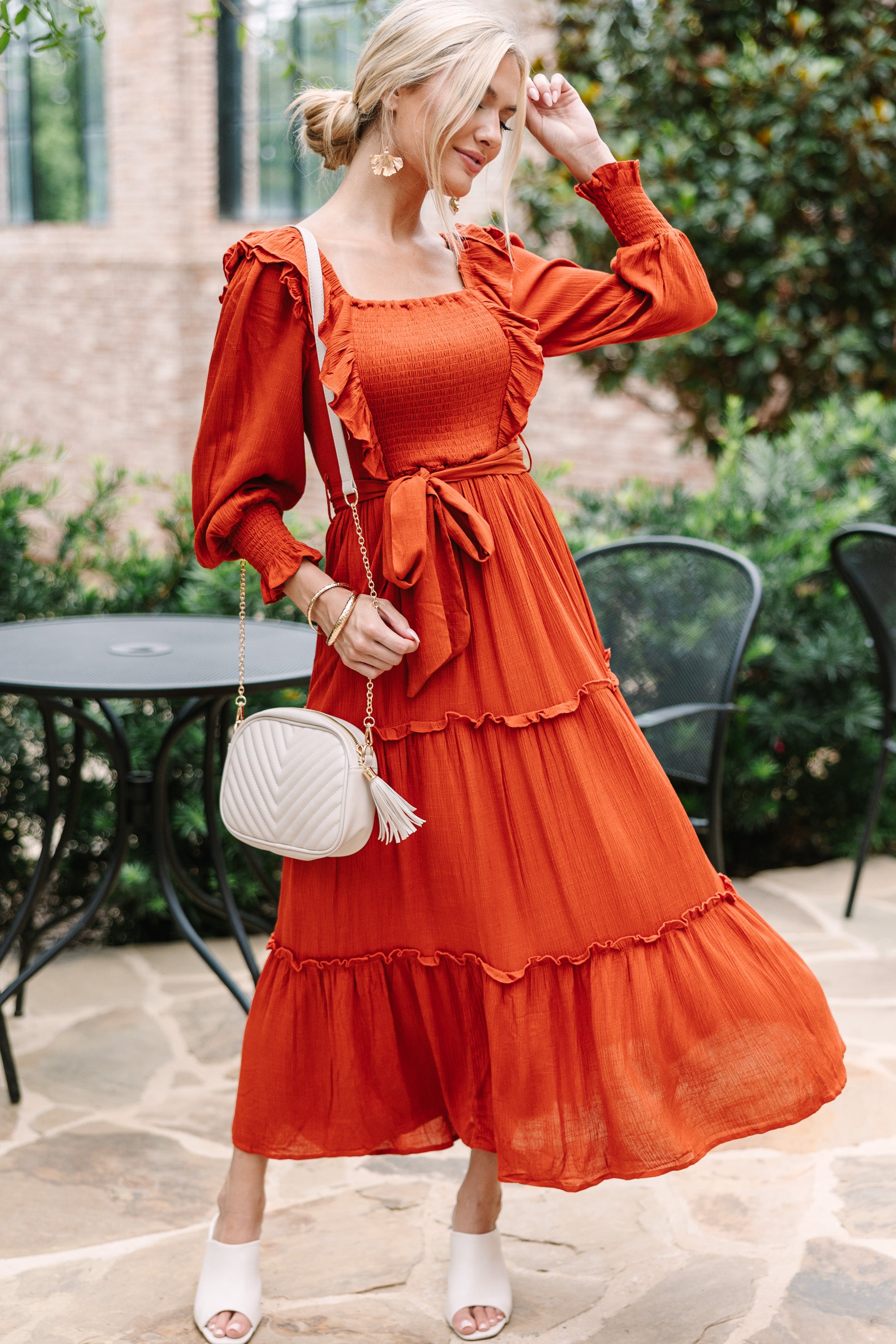 CHIRNAISHOP - Feel Your Love Rust Orange Ruffled Midi Dress