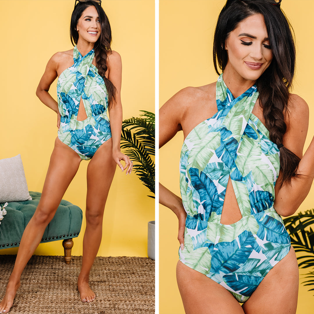 CHIRNAISHOP - Tropical Traditions Green Palm Print One Piece Swimsuit