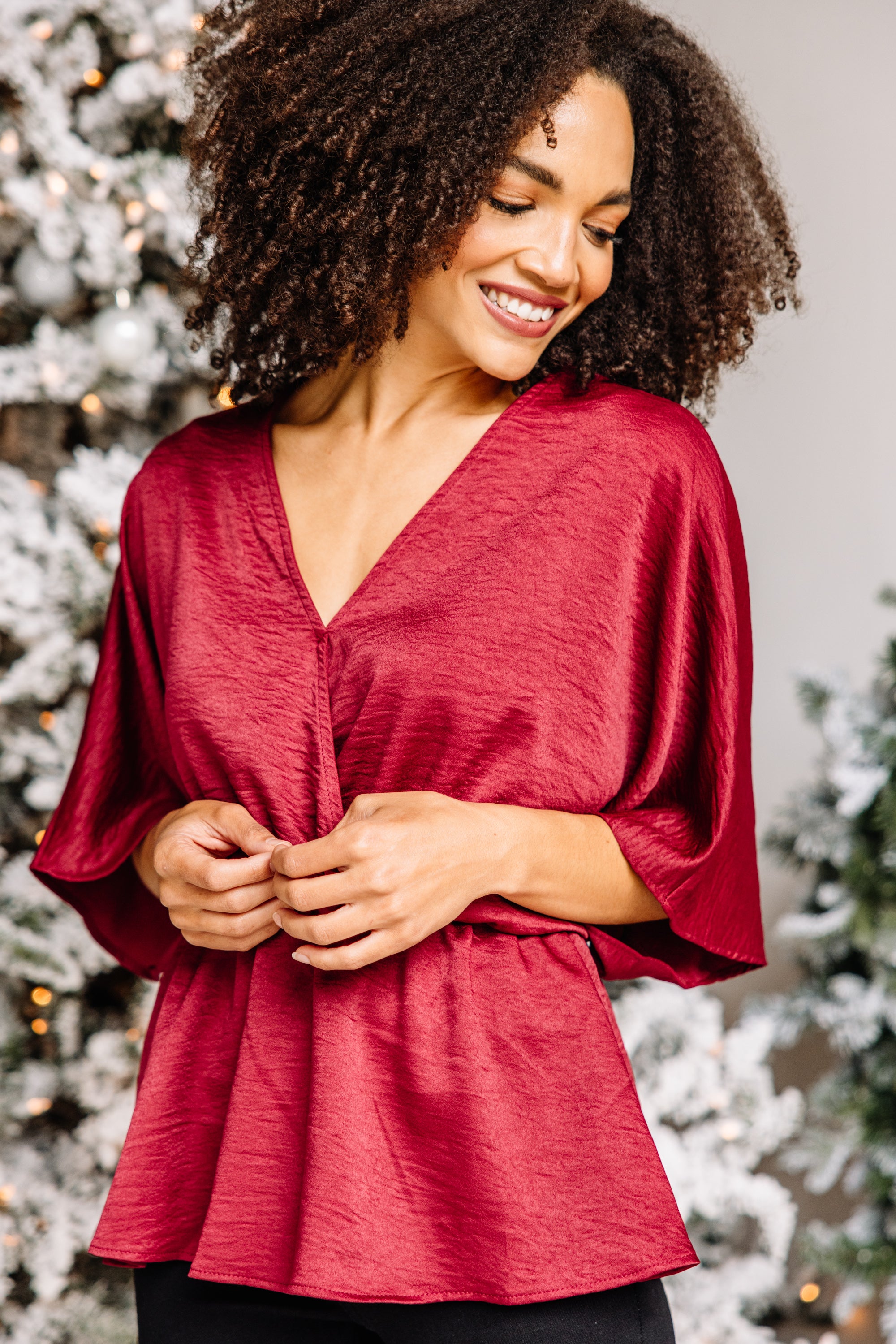 CHIRNAISHOP - Show Out Burgundy Red Satin Blouse