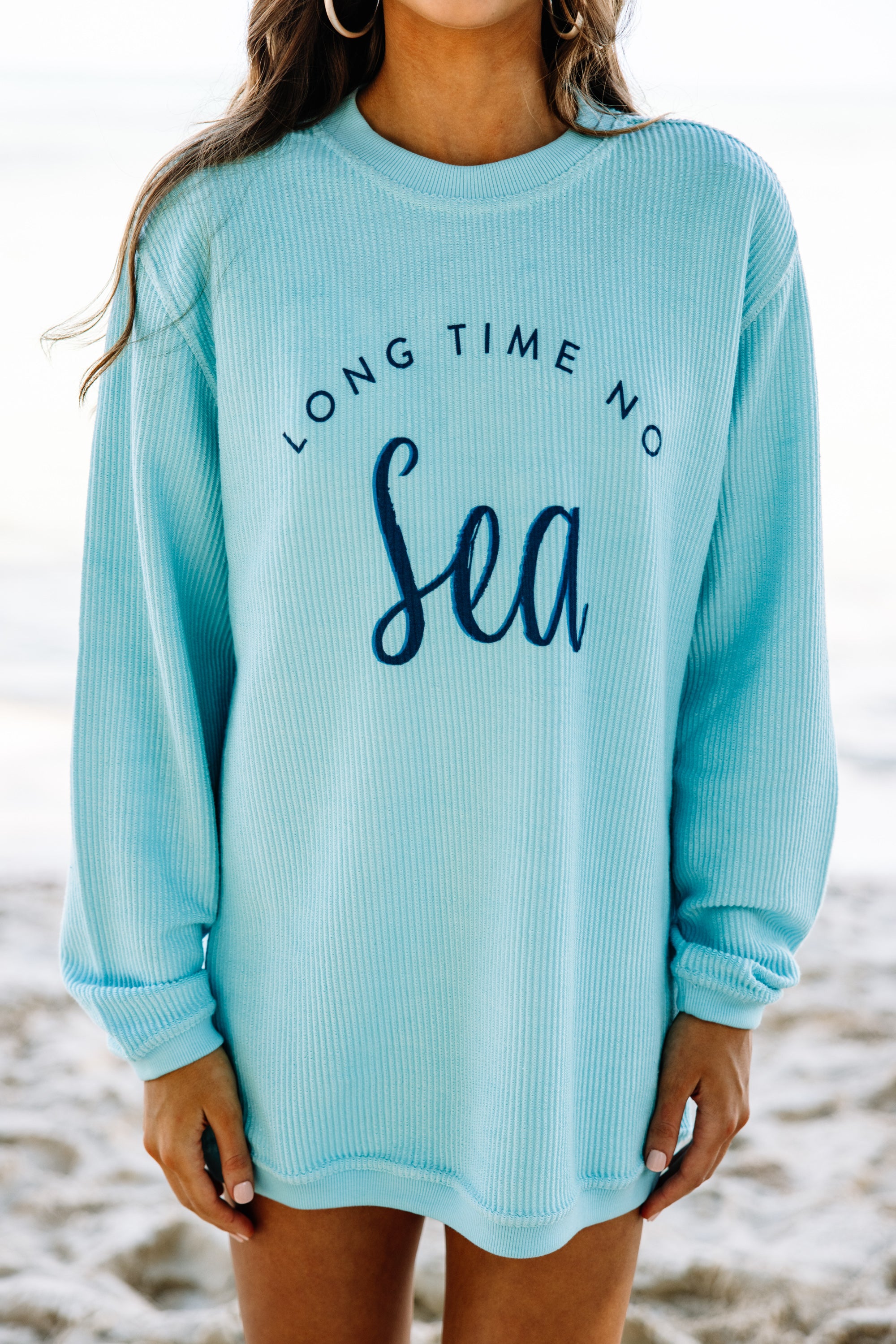 CHIRNAISHOP - Long Time No Sea Aqua Blue Graphic Corded Sweatshirt
