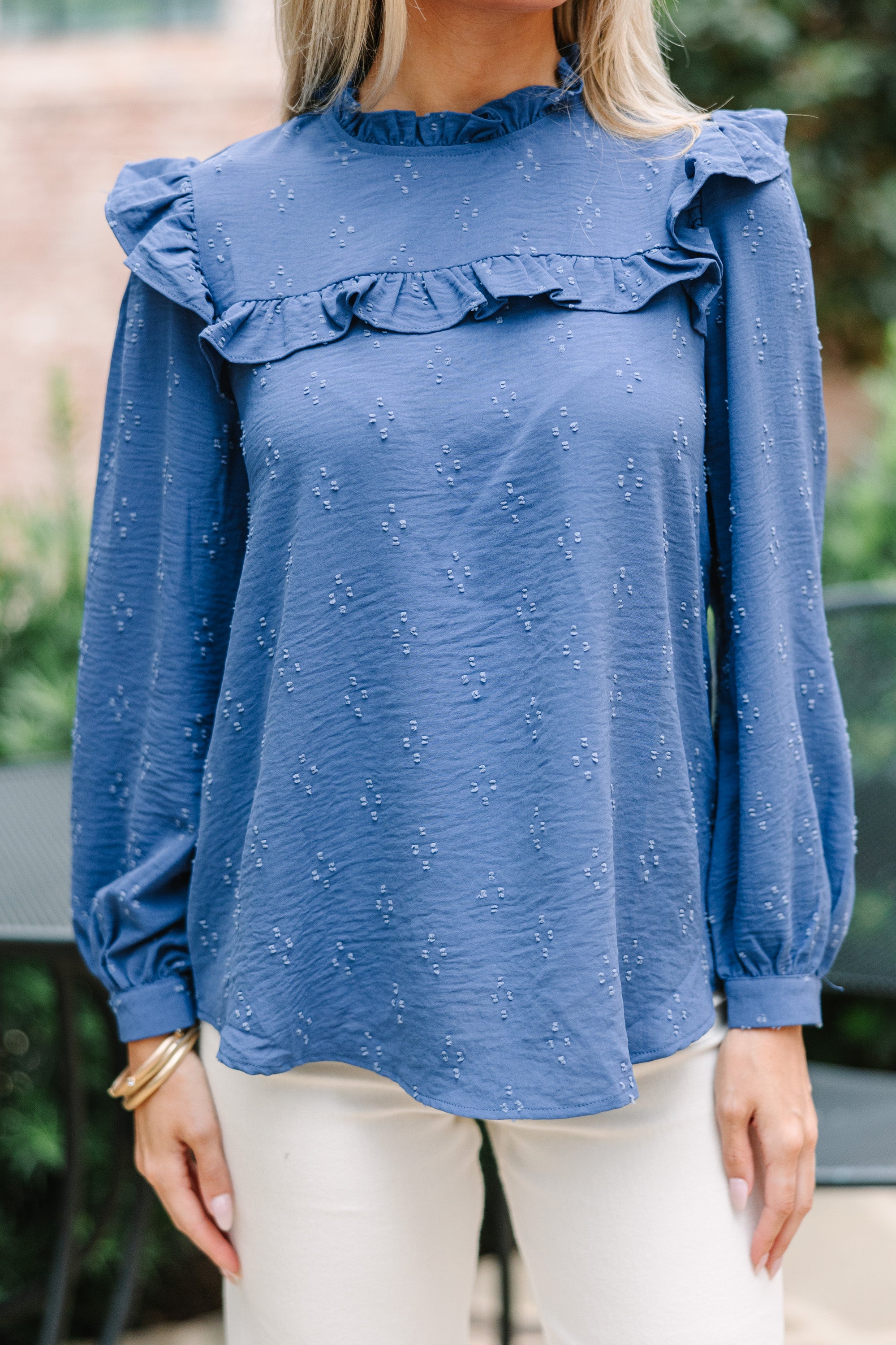 CHIRNAISHOP - Romantic History Denim Blue Ruffled Blouse