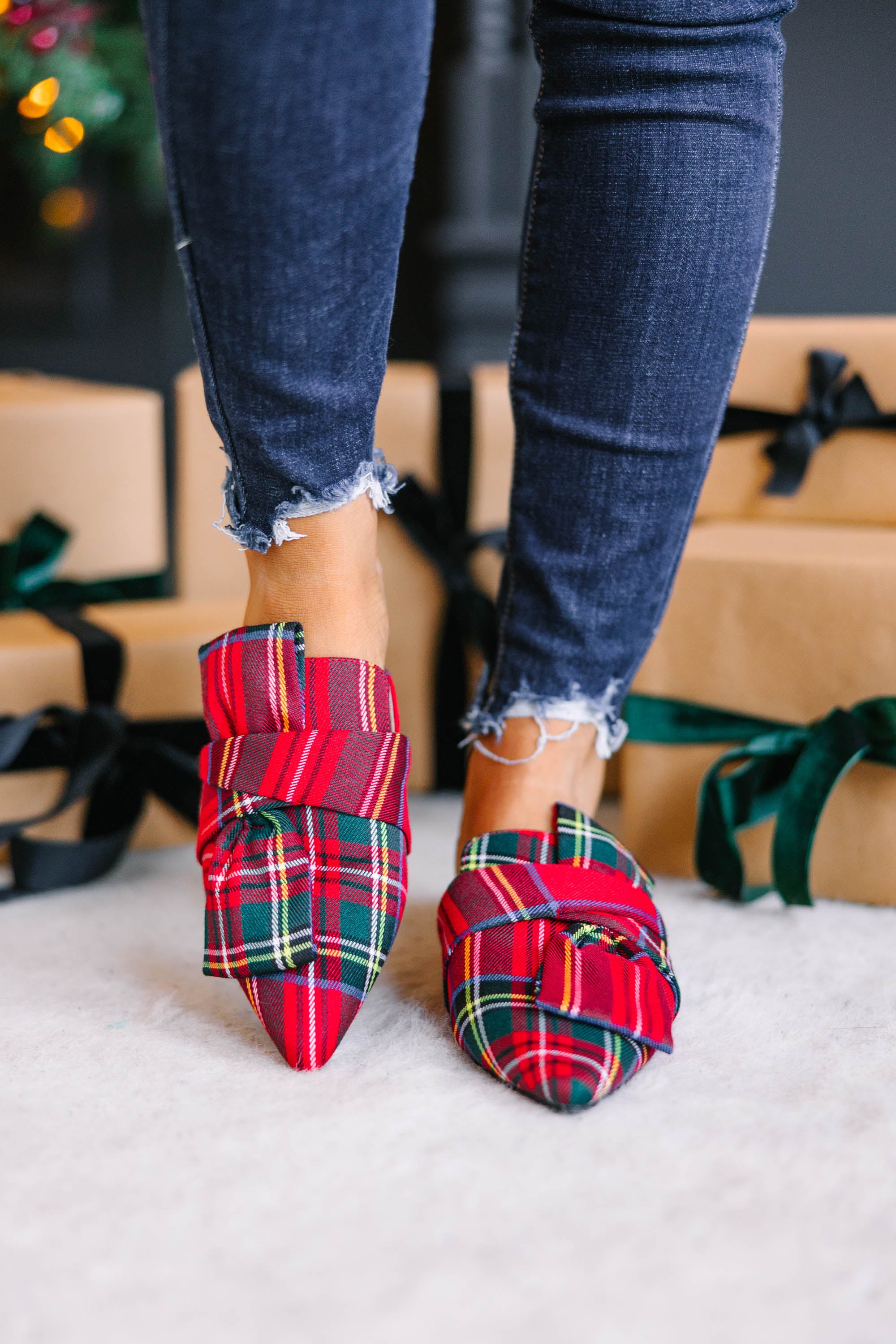 CHIRNAISHOP - Under The Tree Red Plaid Flat Mules