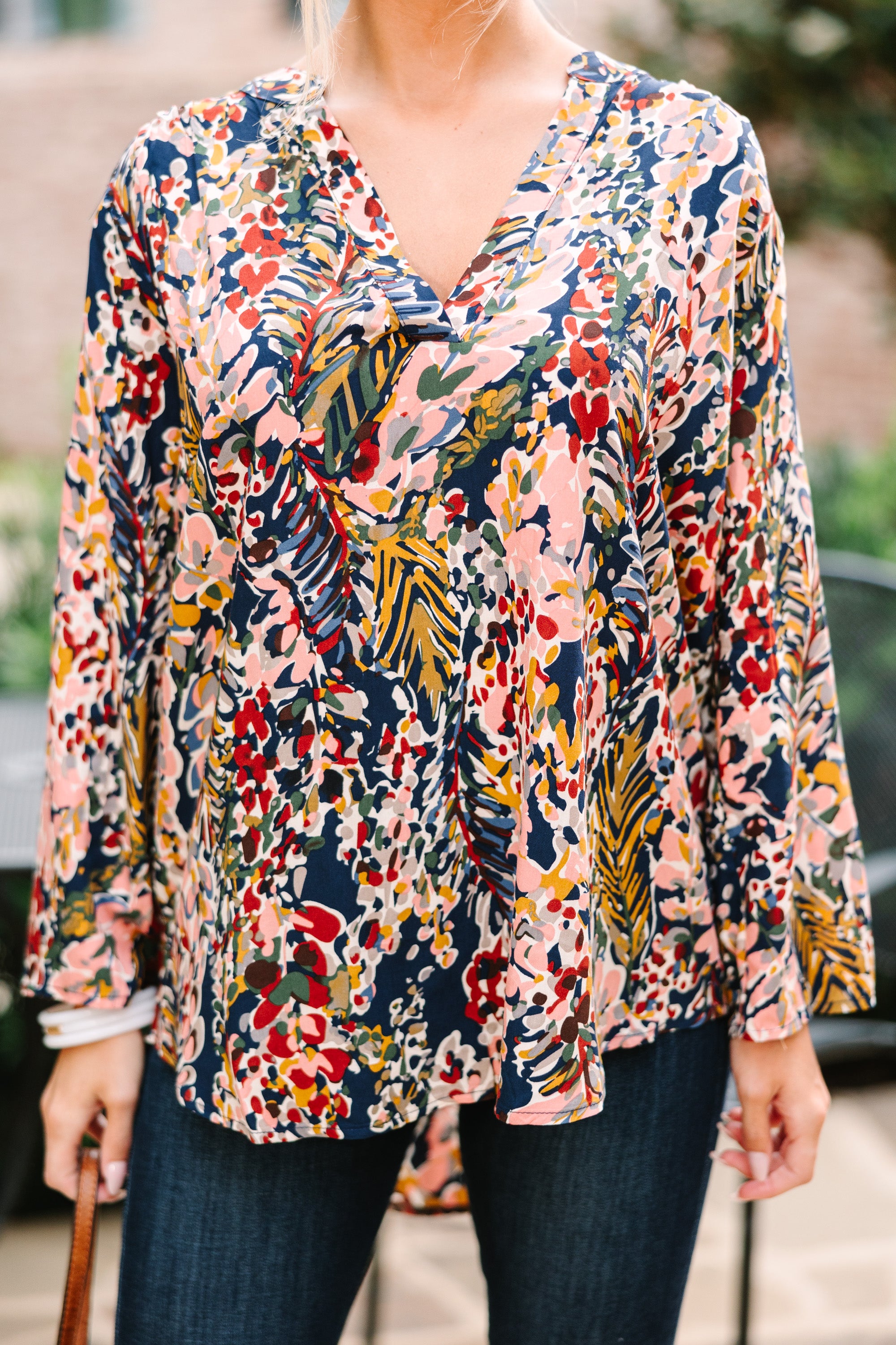 CHIRNAISHOP - Waiting On Love Navy and Rust 3/4 Sleeve Floral Top