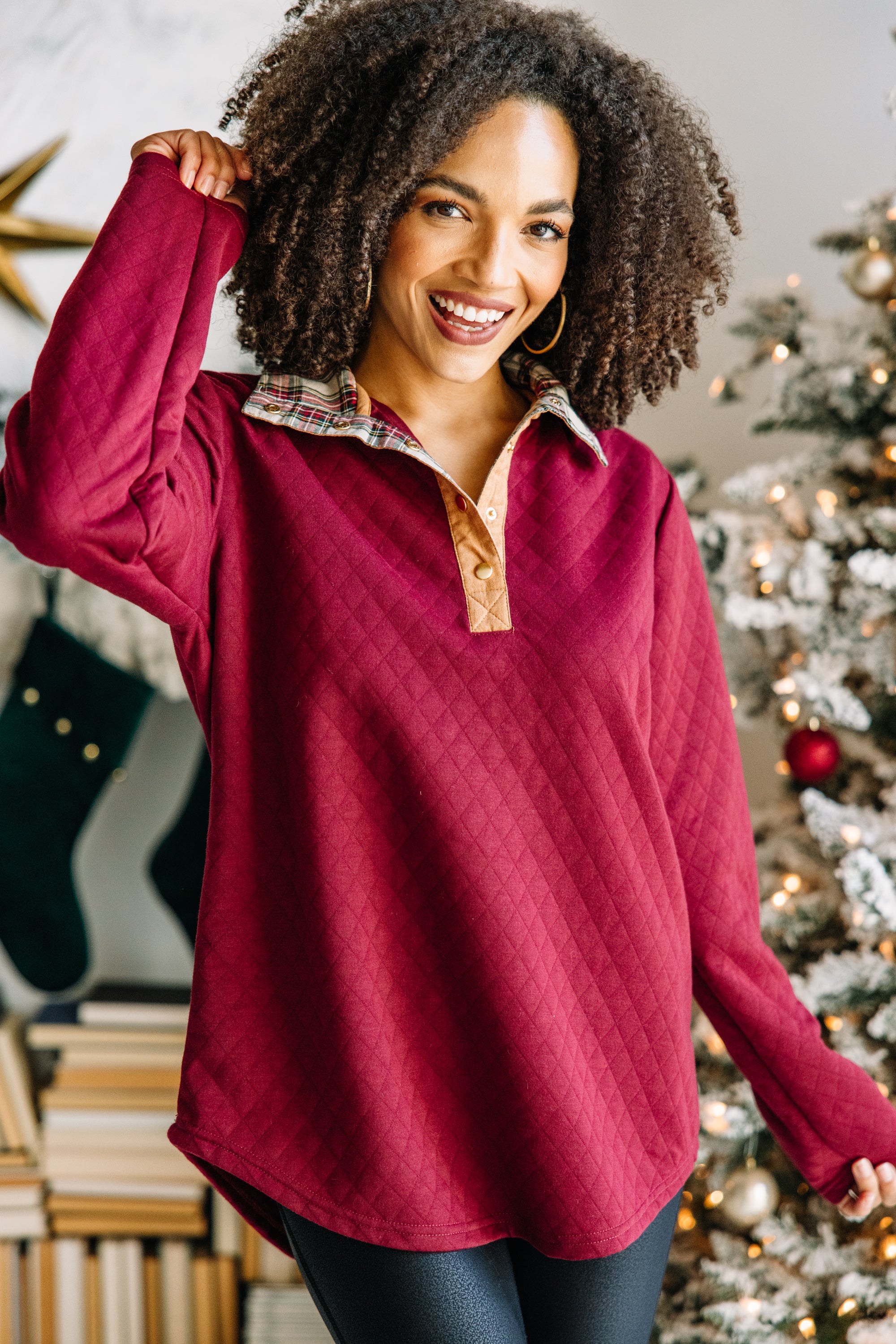 CHIRNAISHOP - Out And About Wine Red Quilted Pullover