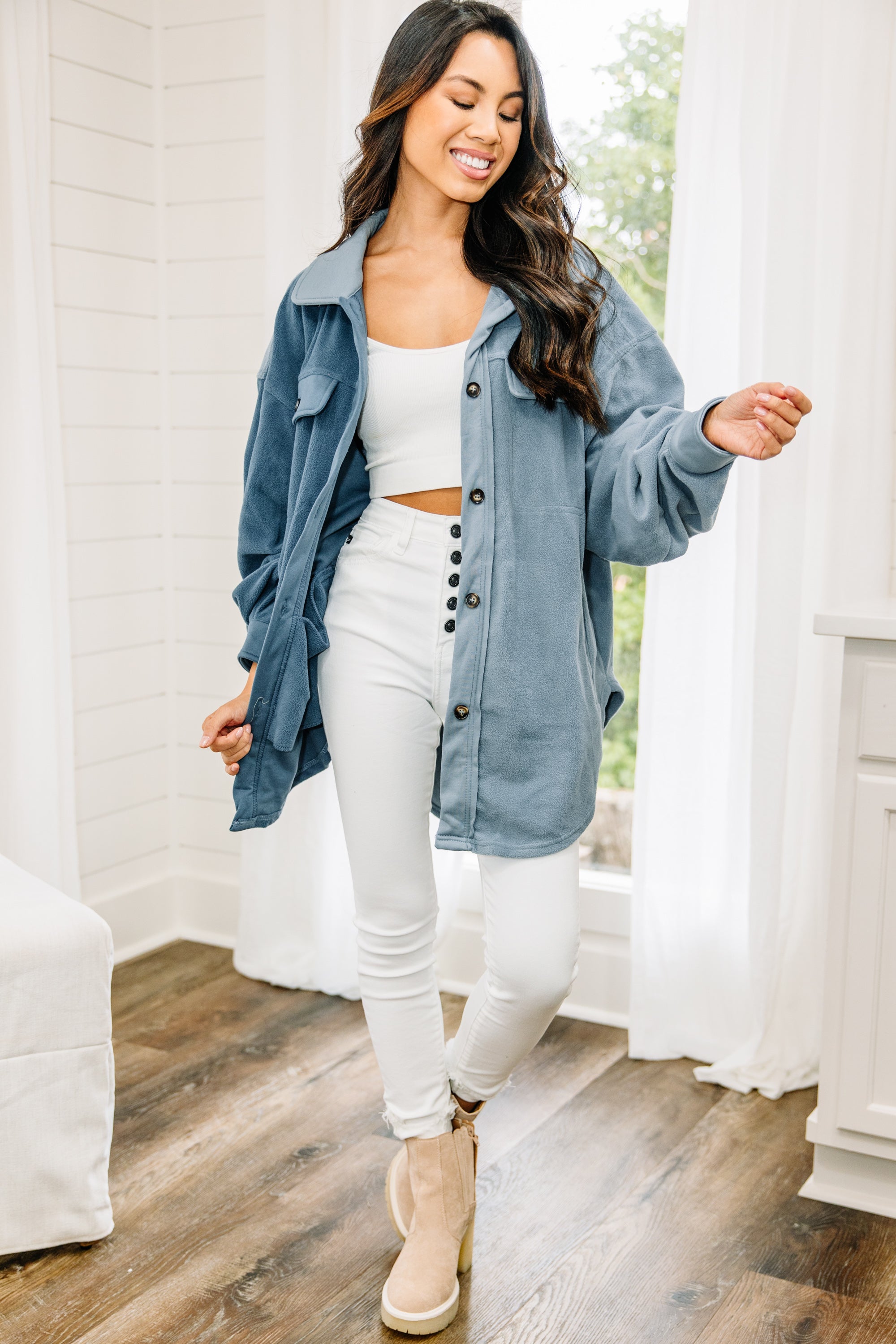 CHIRNAISHOP - Let's Do This Navy Blue Colorblock Fleece Shacket