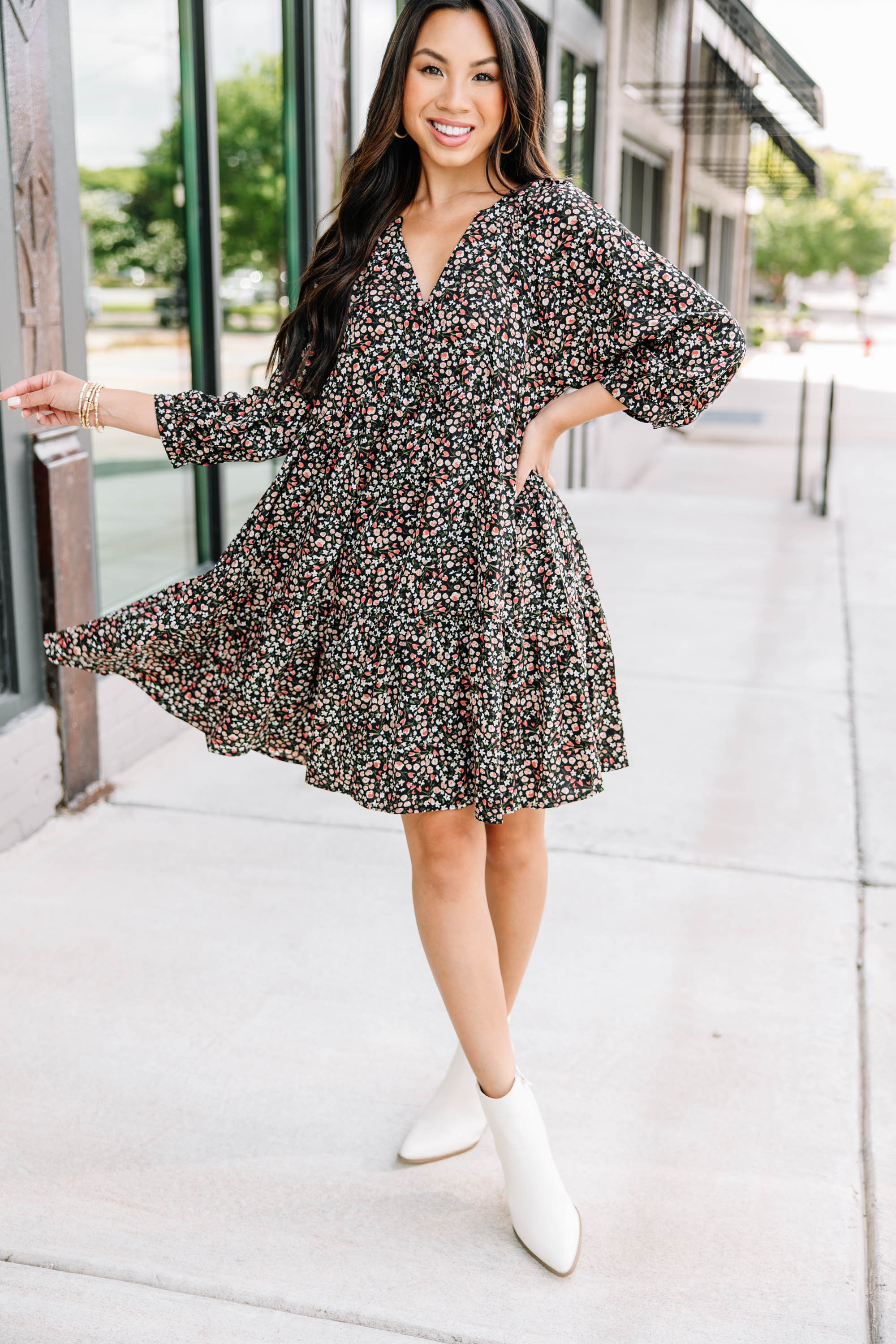 CHIRNAISHOP - Can't Be Outdone Black Ditsy Floral Dress