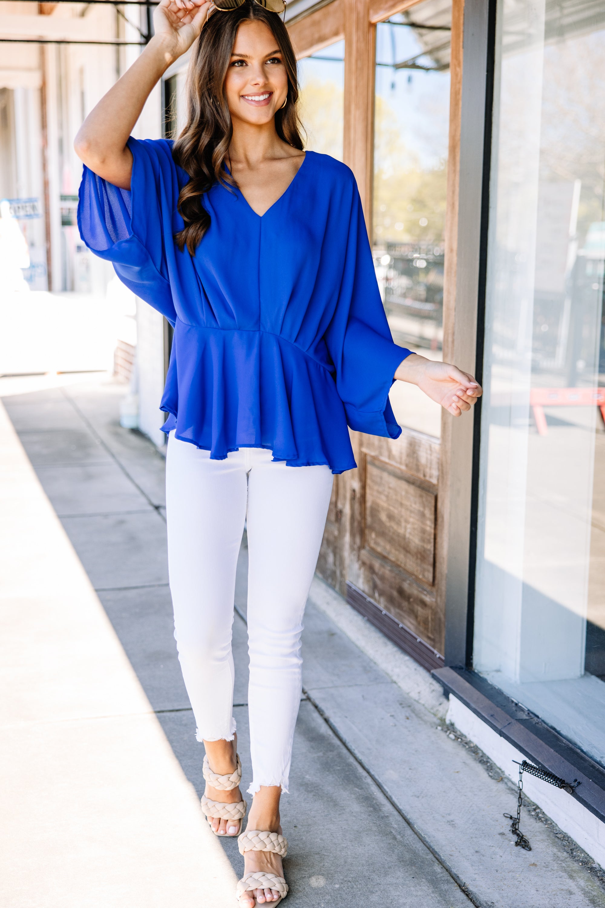 CHIRNAISHOP - Tell It All Royal Blue Kimono Sleeve Blouse