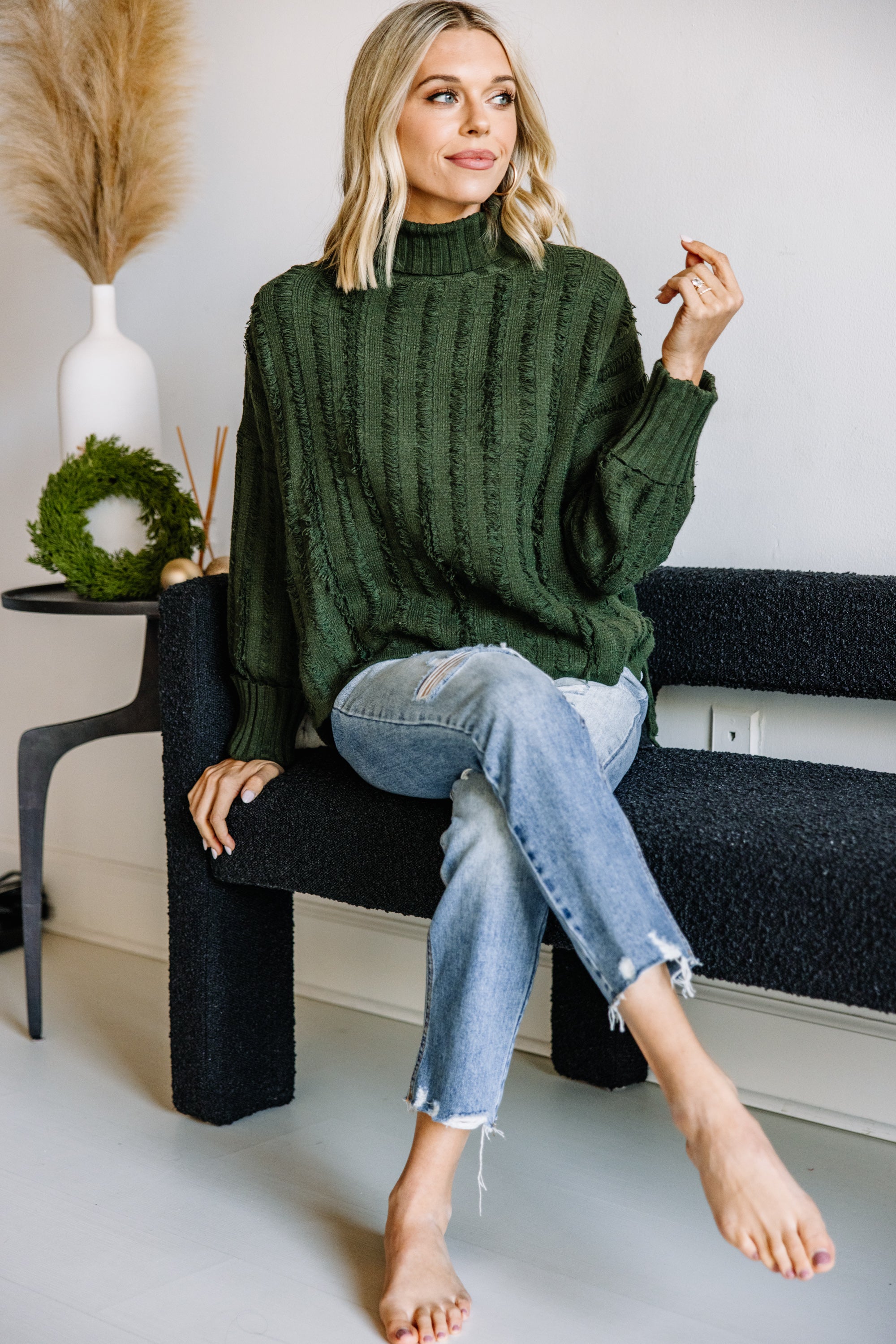 CHIRNAISHOP - Start The Conversation Hunter Green Fringe Sweater