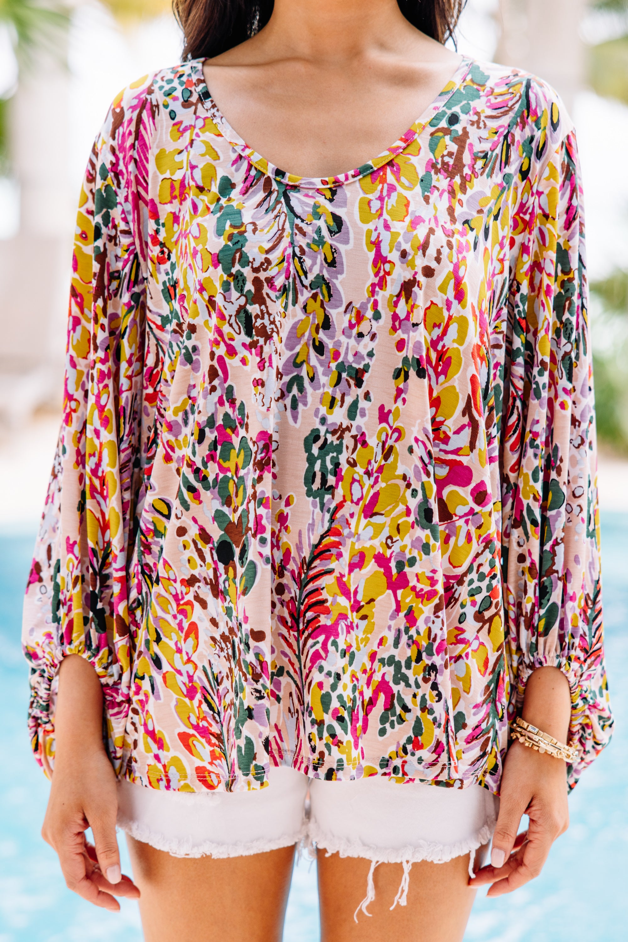 CHIRNAISHOP - Just You Wait Tan & Chartreuse Floral Blouse