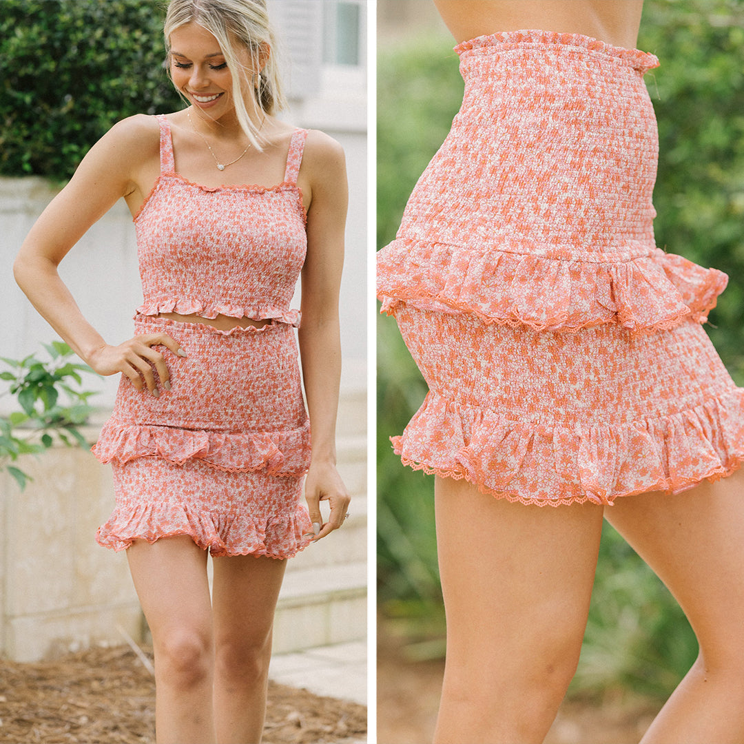 CHIRNAISHOP - Give it Some Time Red Ditsy Floral Smocked Skirt