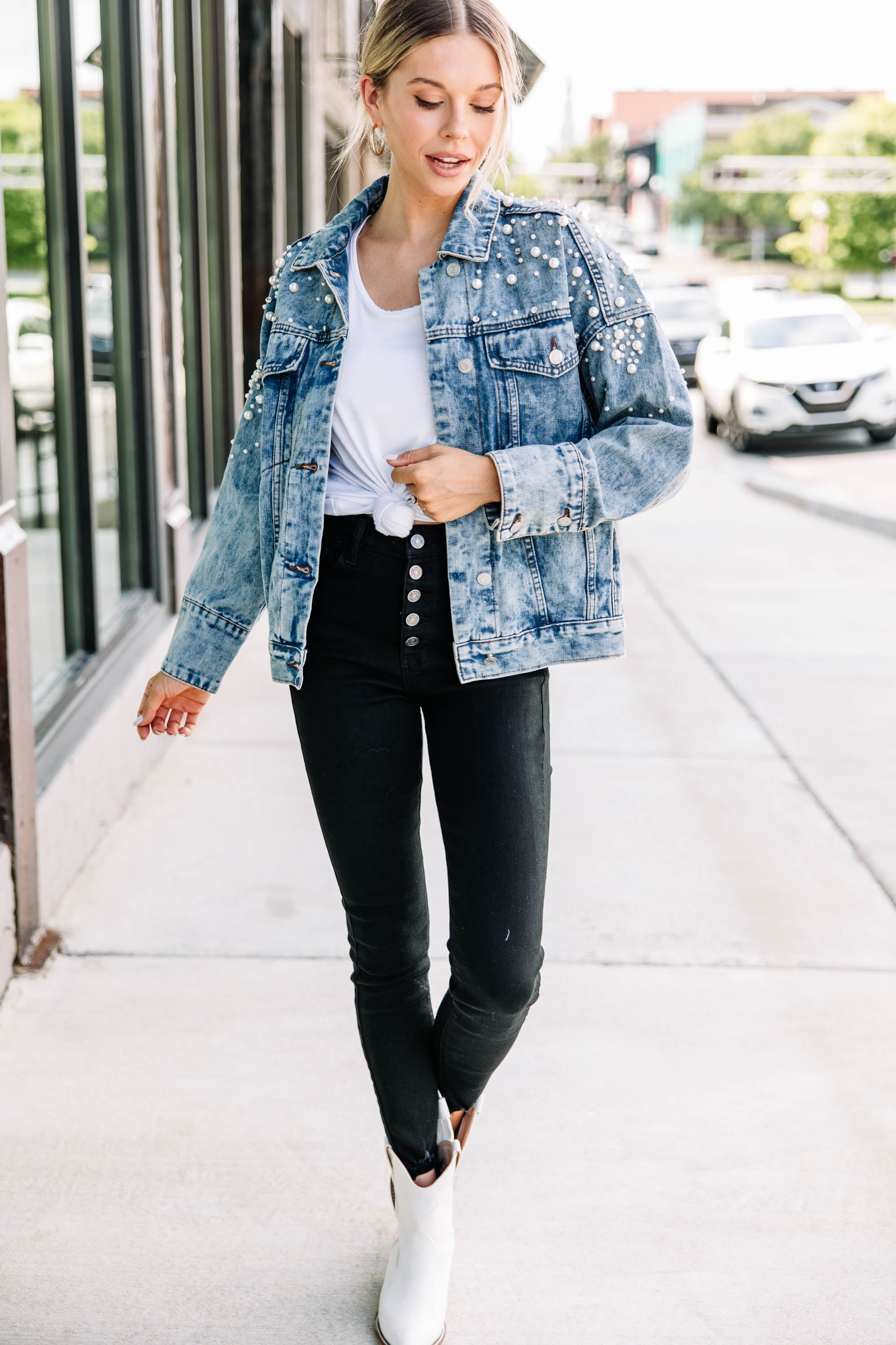 CHIRNAISHOP - Back In Town Medium Wash Embellished Denim Jacket