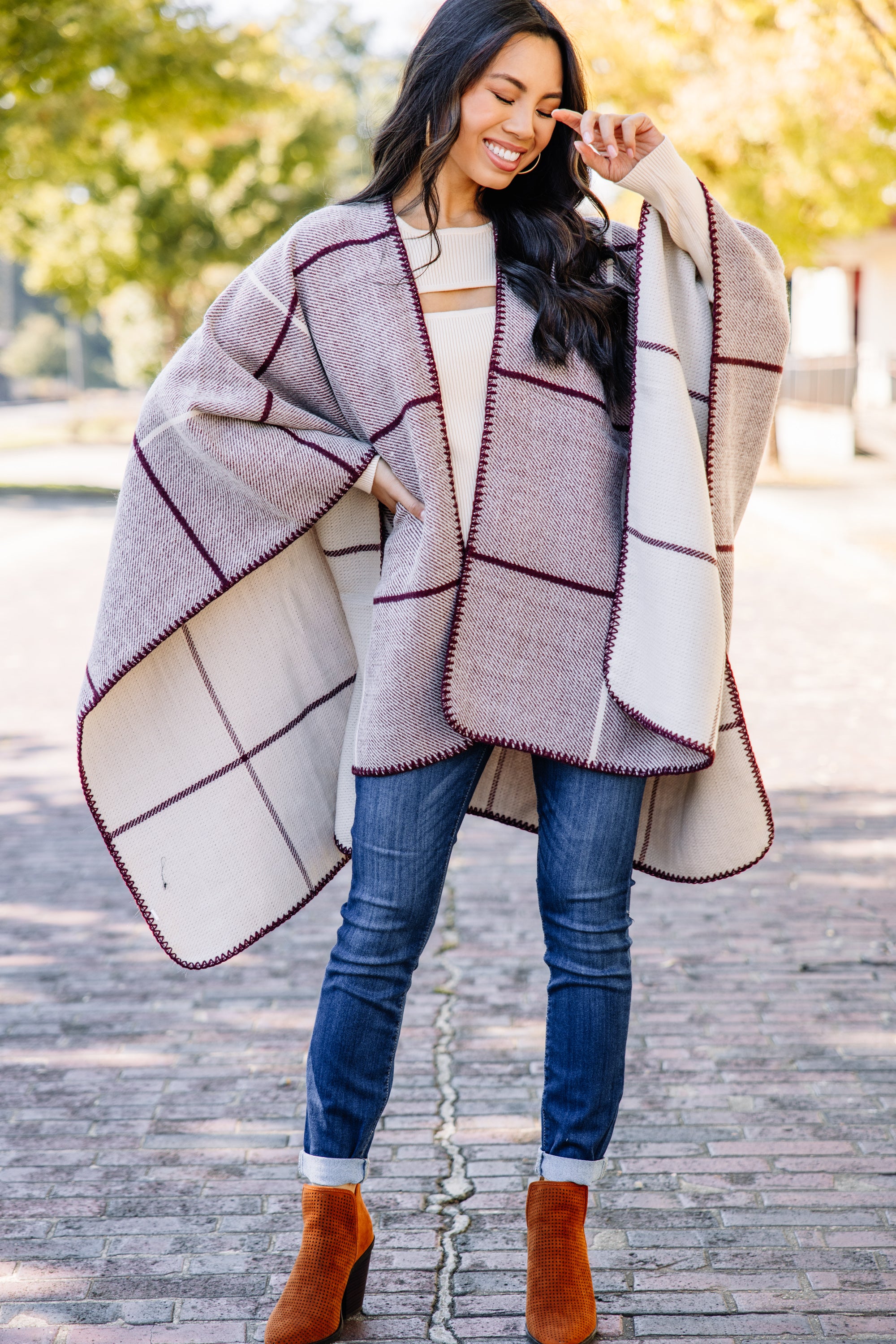 CHIRNAISHOP - Get Going Burgundy Red Plaid Poncho