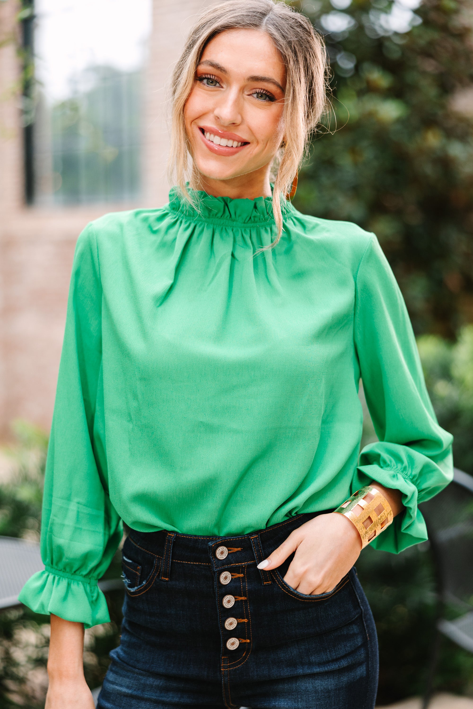 CHIRNAISHOP - Tried And True Kelly Green Ruffled Blouse