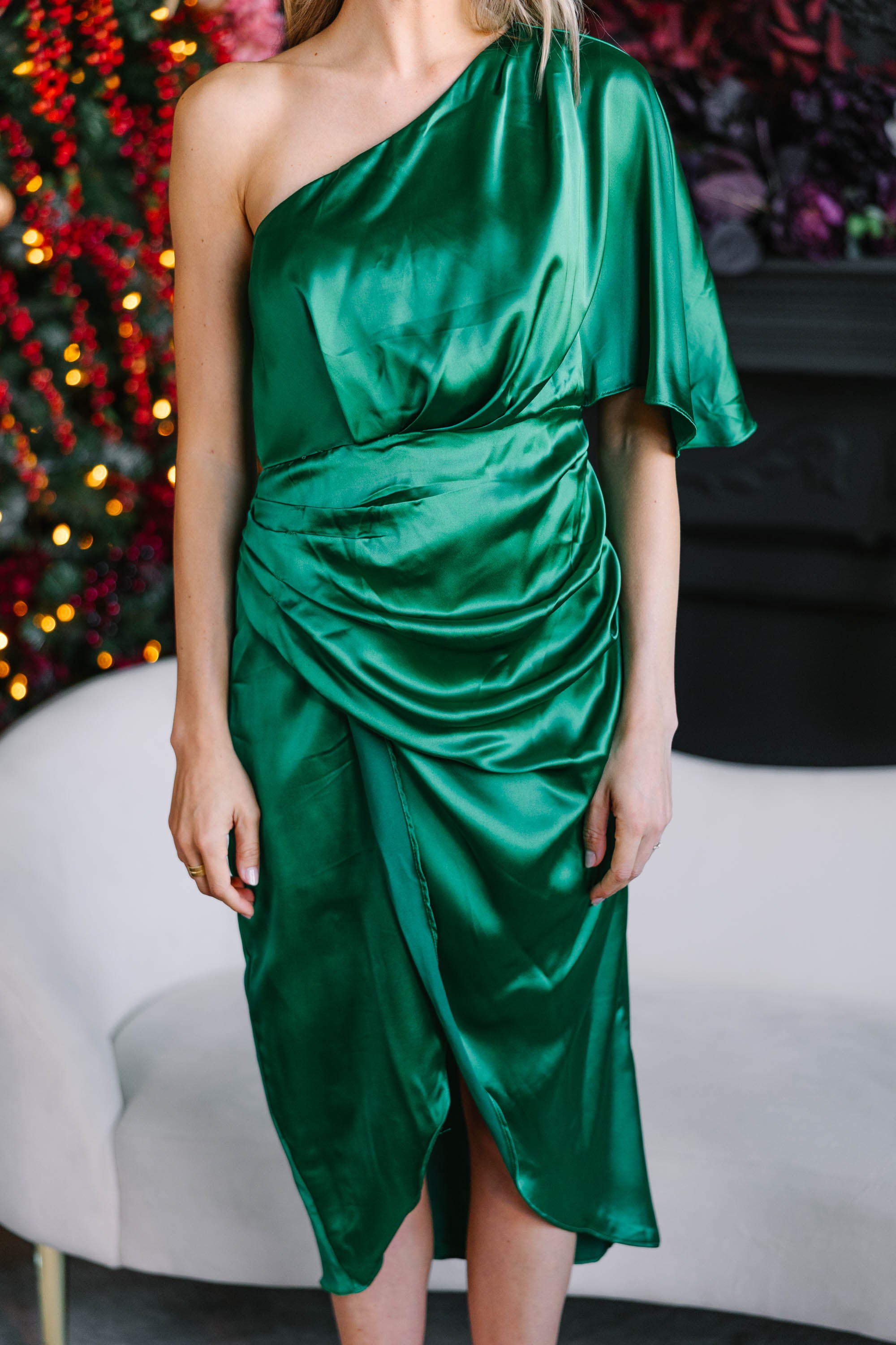 CHIRNAISHOP - Uptown Girl Emerald Green Satin One Shoulder Dress