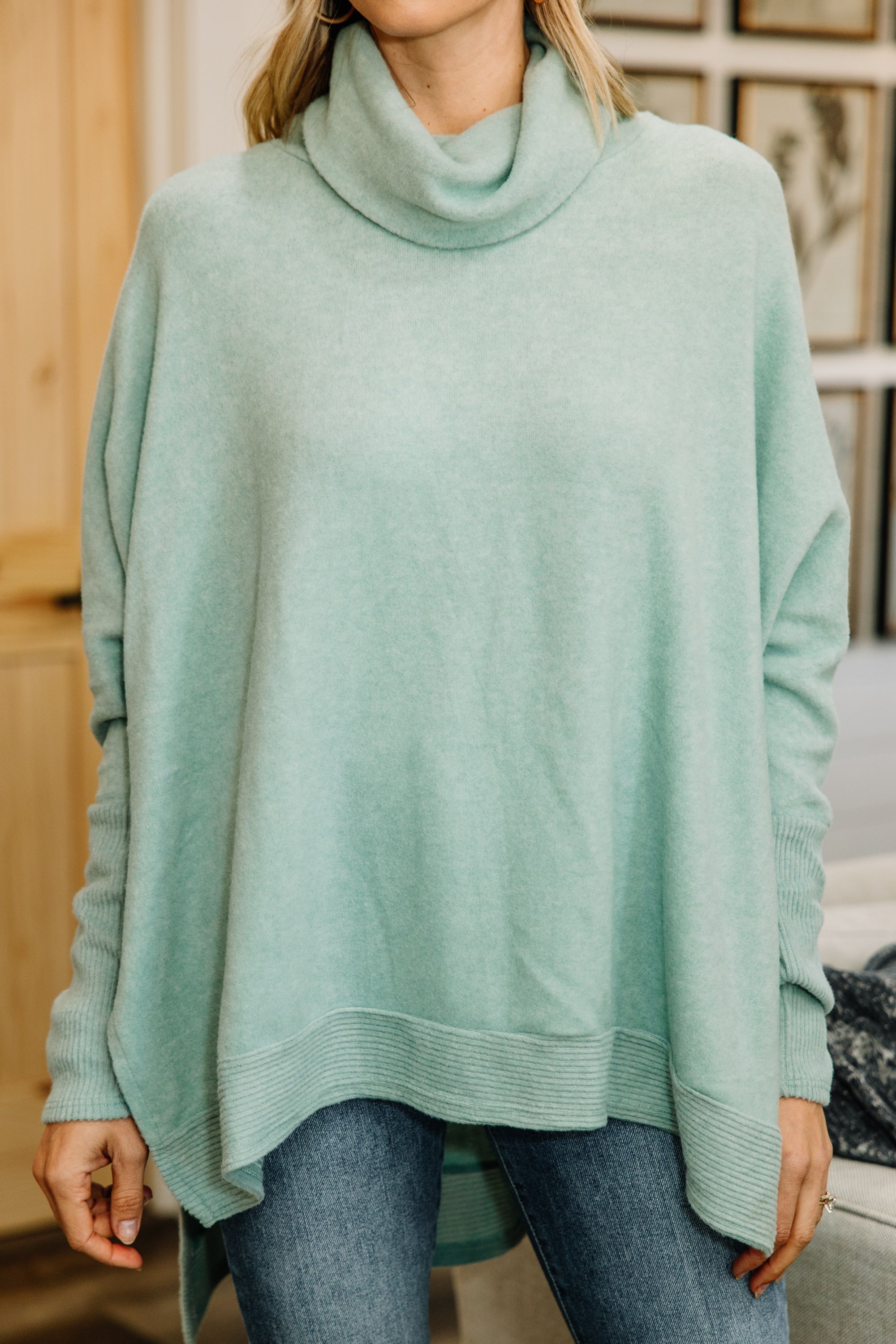 CHIRNAISHOP - Special Moments Light Green Cowl Neck Tunic