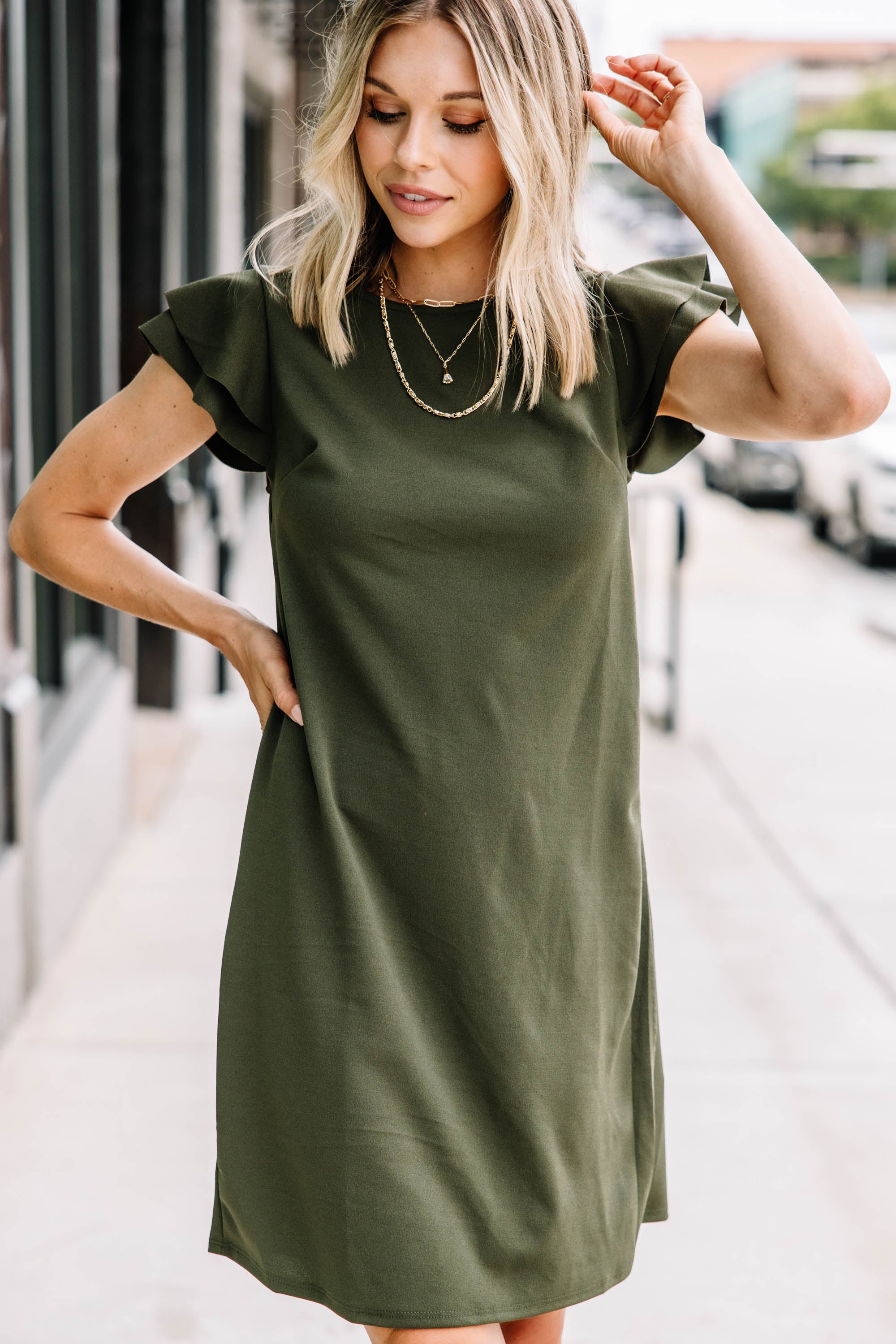 CHIRNAISHOP - Beauty Bound Olive Green Ruffled Sleeve Dress