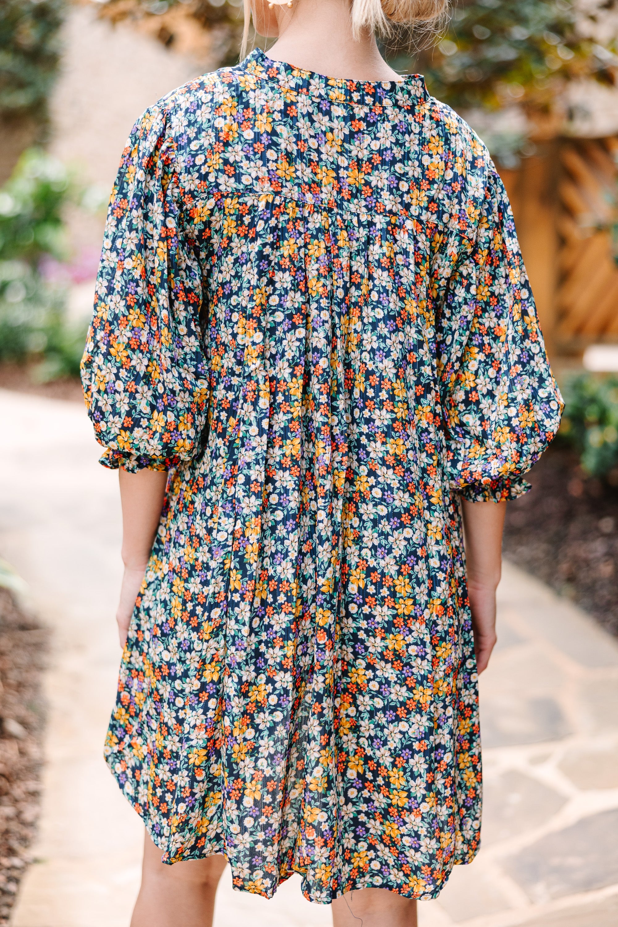 CHIRNAISHOP - Dance For Hours Navy Blue Ditsy Floral Dress