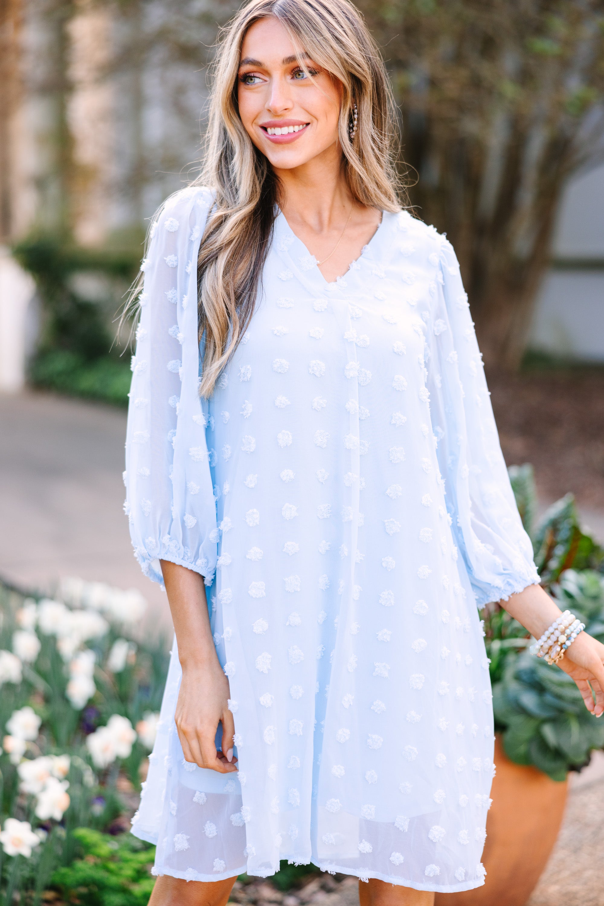 CHIRNAISHOP - Good To Know Sky Blue Swiss Dot Shift Dress