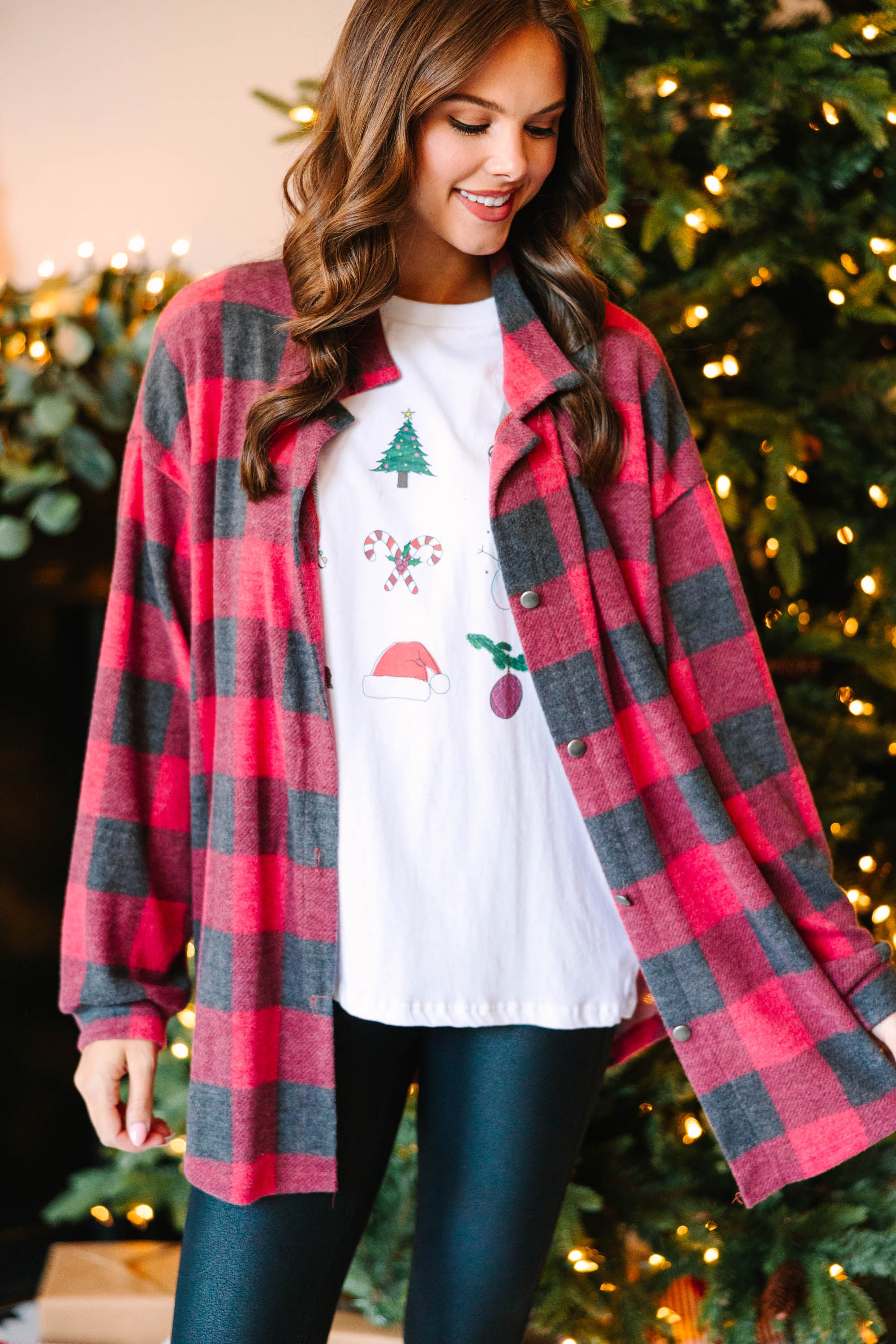CHIRNAISHOP - Stay Here Red Buffalo Plaid Button Down Top