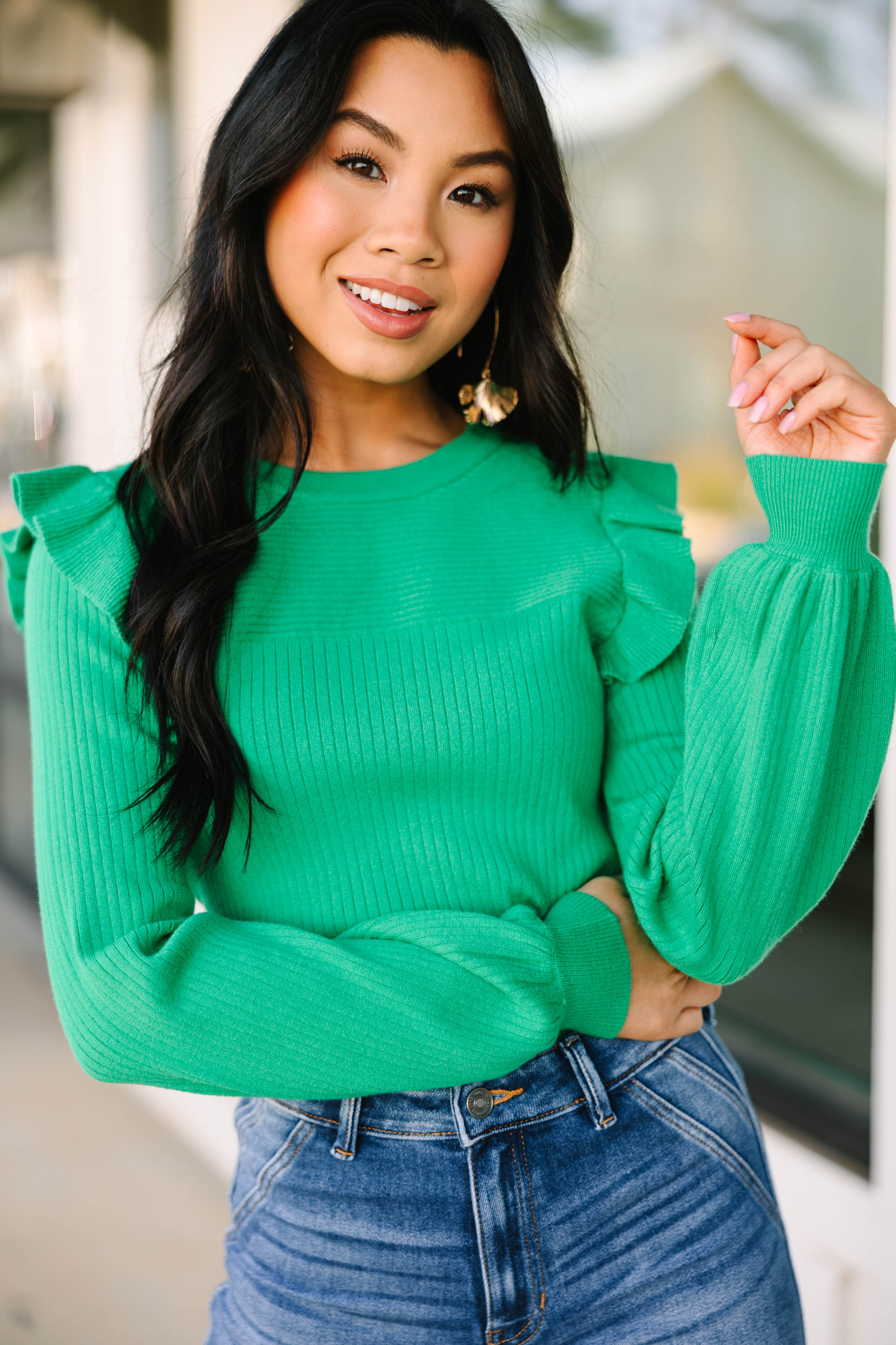 CHIRNAISHOP - Reach Out Kelly Green Ruffled Sweater