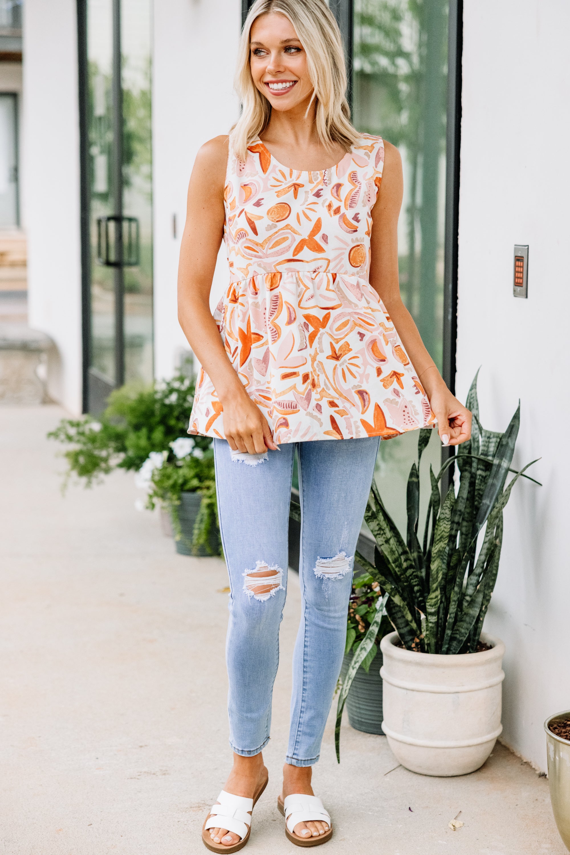 CHIRNAISHOP - Get Their Attention Coral Orange Floral Babydoll Tank