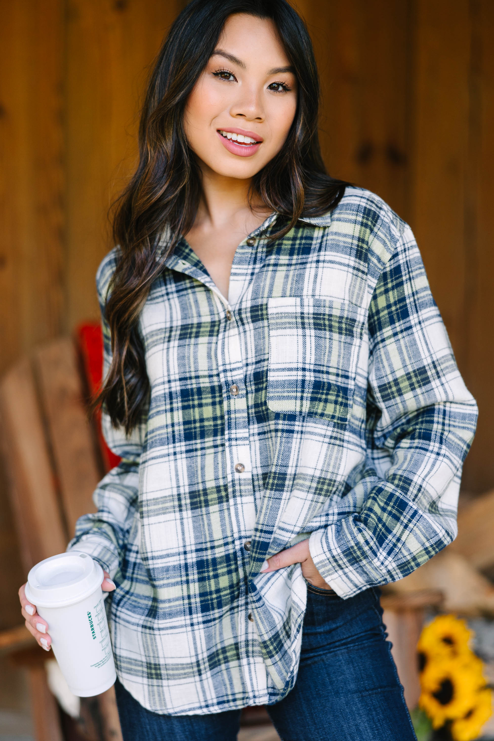 CHIRNAISHOP - All Figured Out Navy Blue Plaid Button Down Top