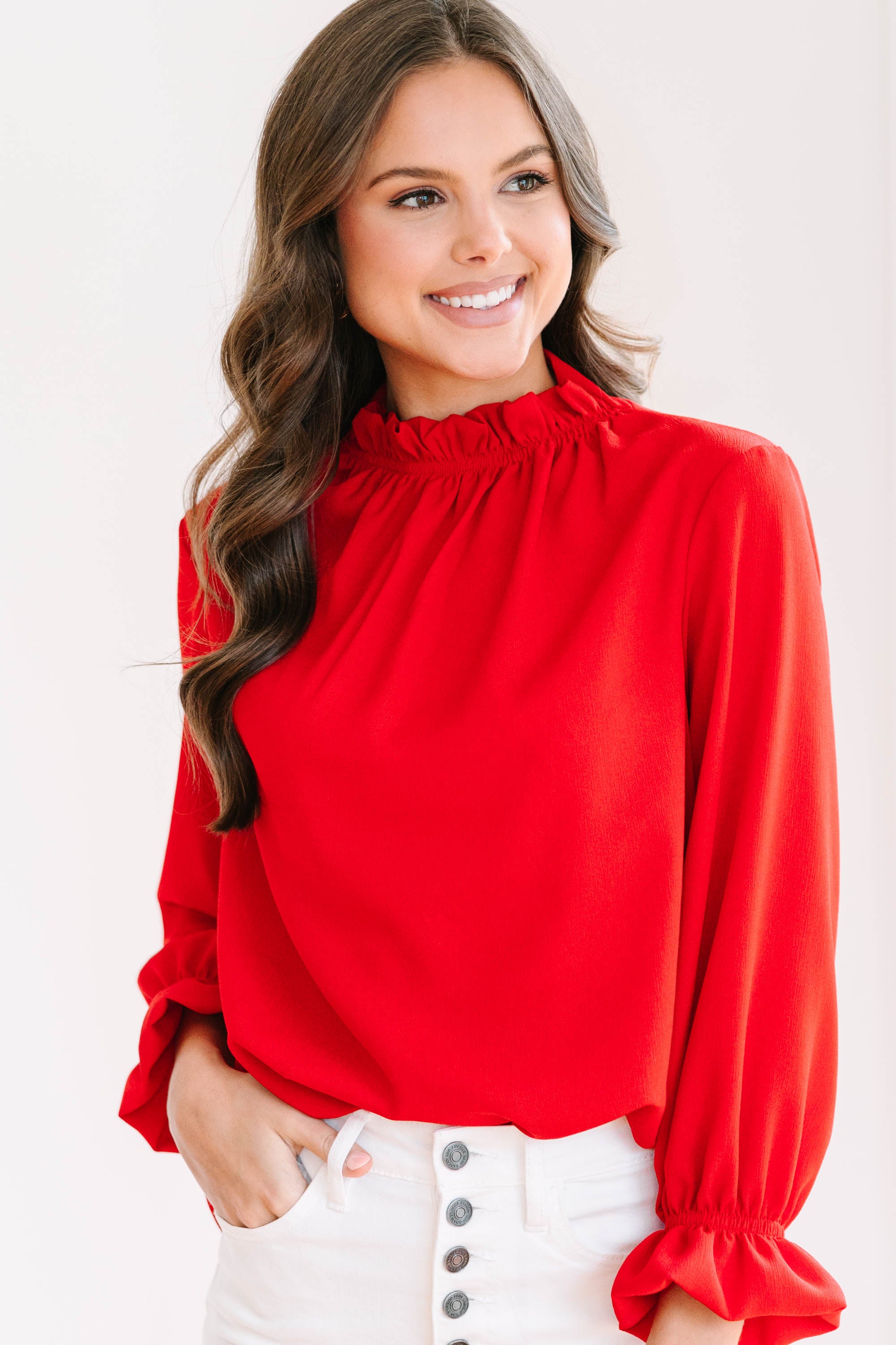 CHIRNAISHOP - Tried And True Red Ruffled Blouse
