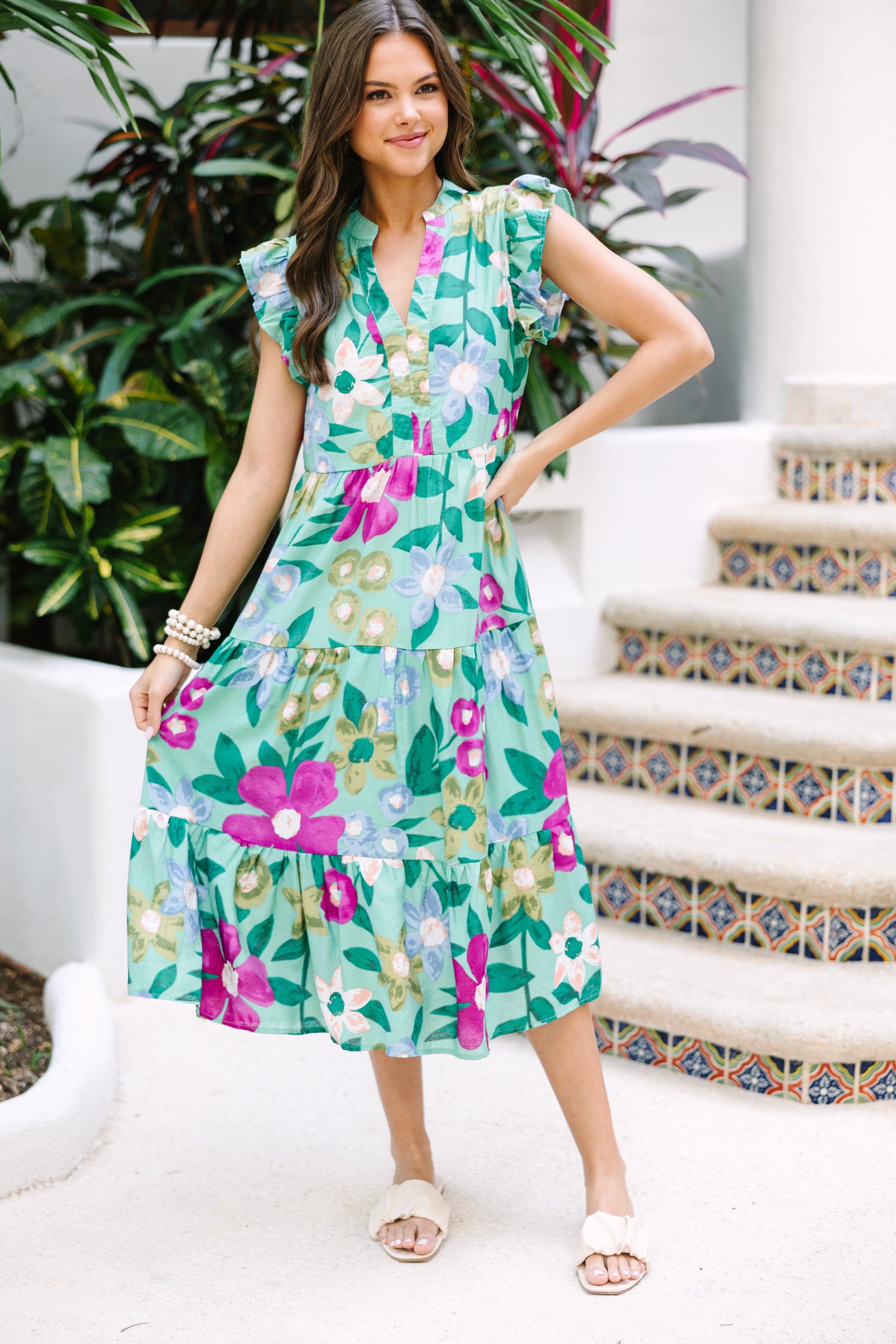 CHIRNAISHOP - Created Beauty Sage Green Floral Midi Dress