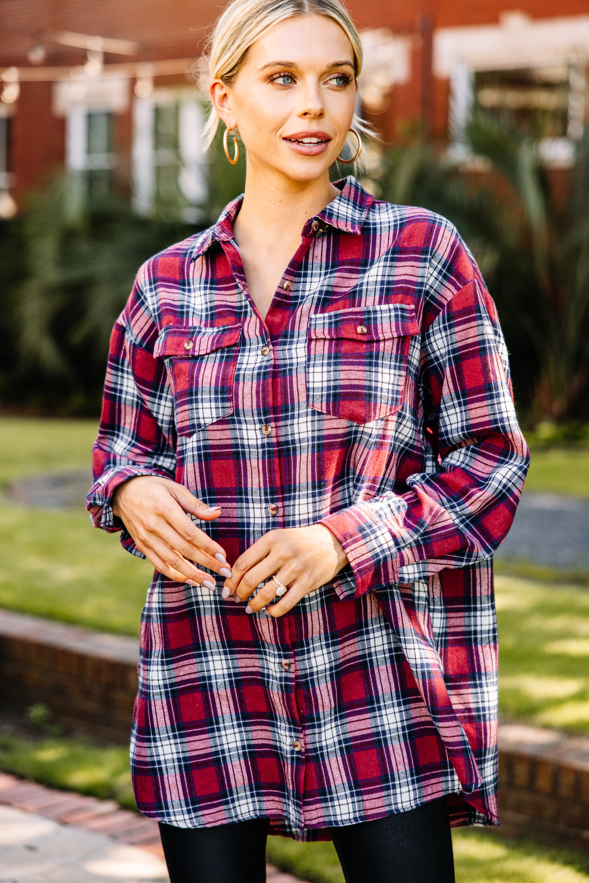 CHIRNAISHOP - Simple Solutions Burgundy Red Plaid Button Down Top