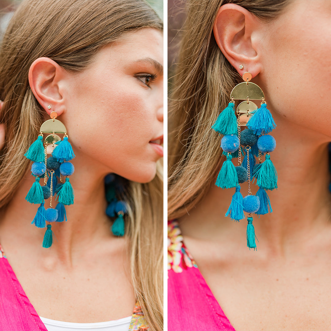 CHIRNAISHOP - At Your Best Turquoise Blue Tassel Statement Earrings