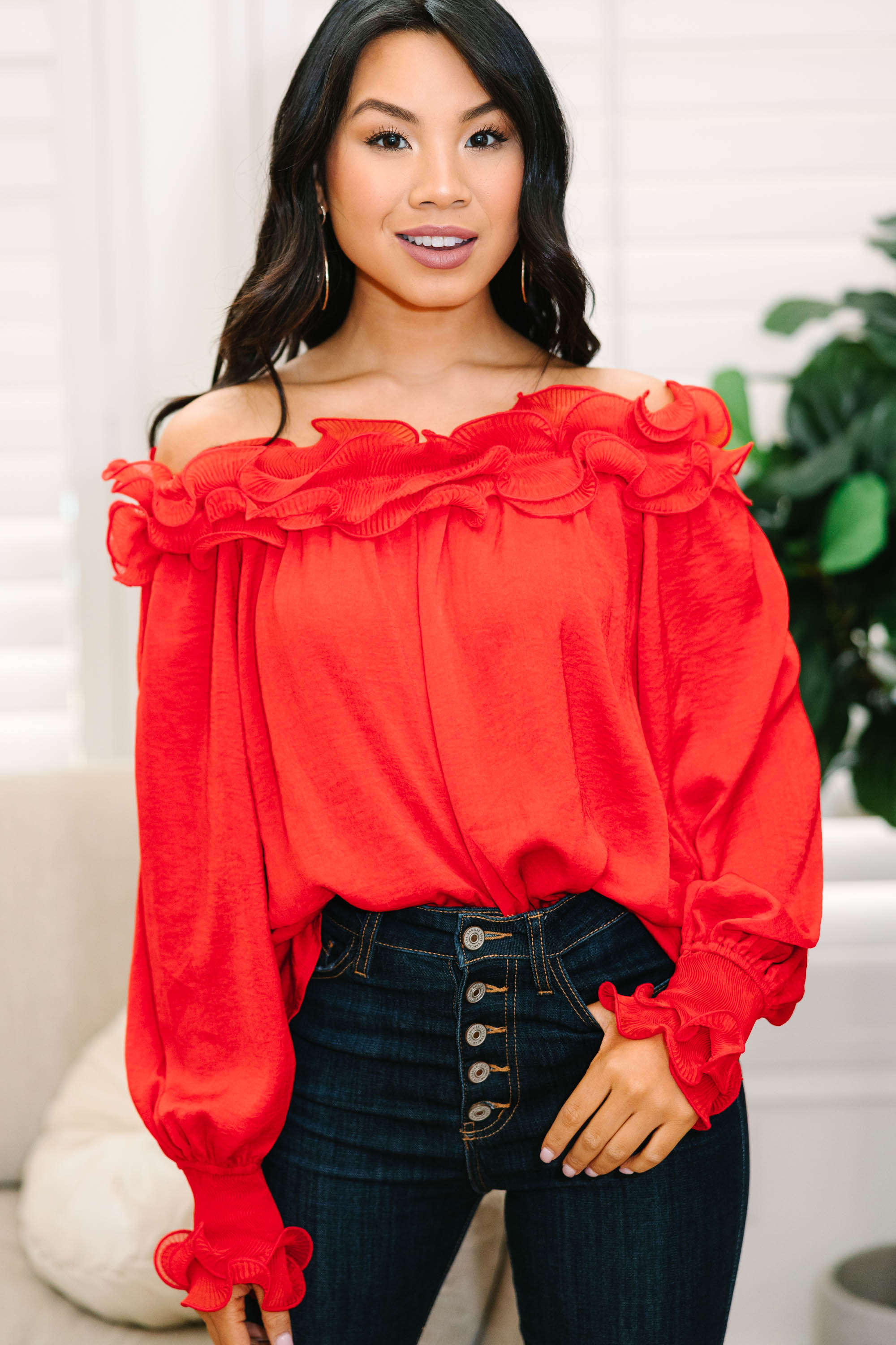 CHIRNAISHOP - Offer Your Love Red Ruffled Blouse