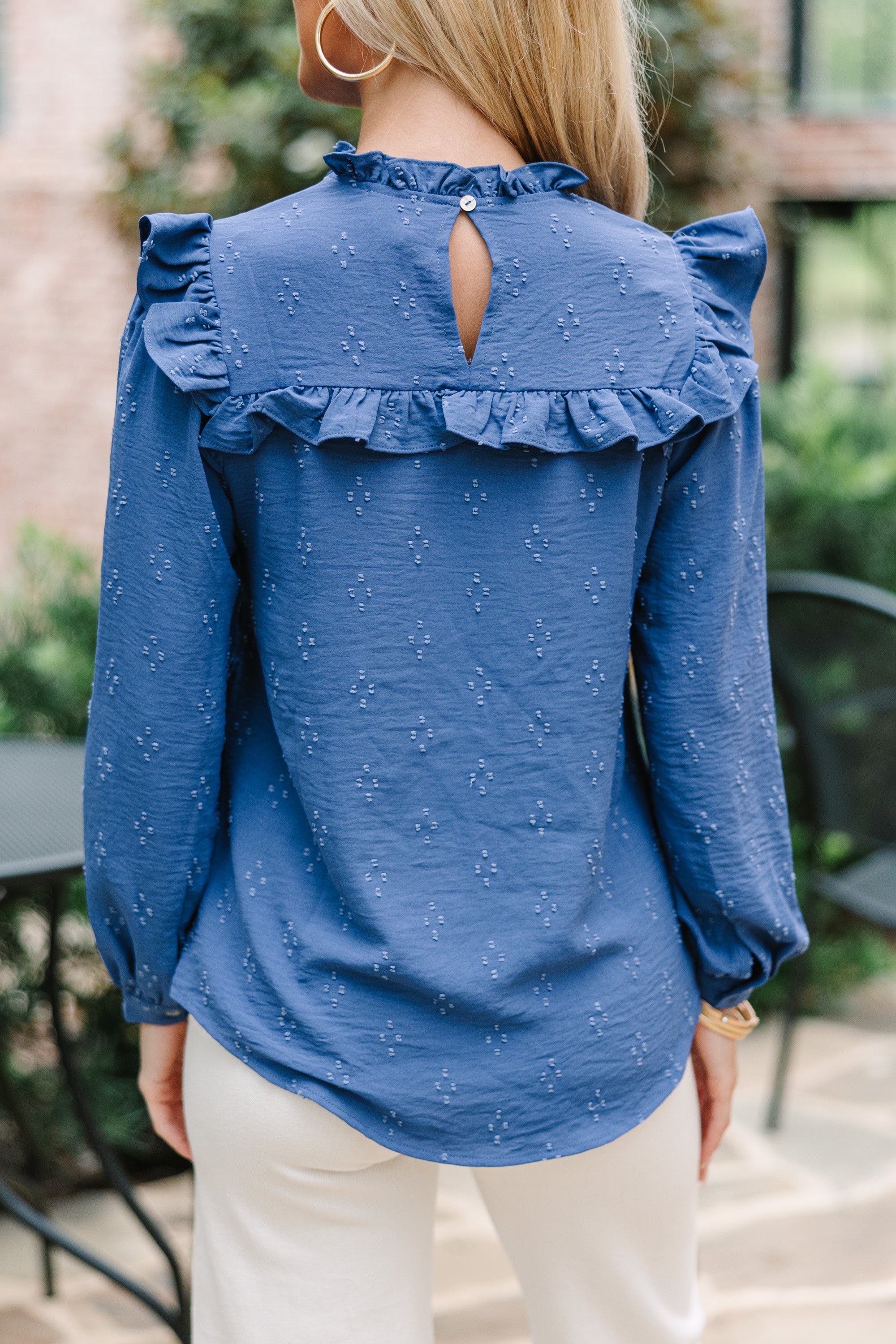 CHIRNAISHOP - Romantic History Denim Blue Ruffled Blouse