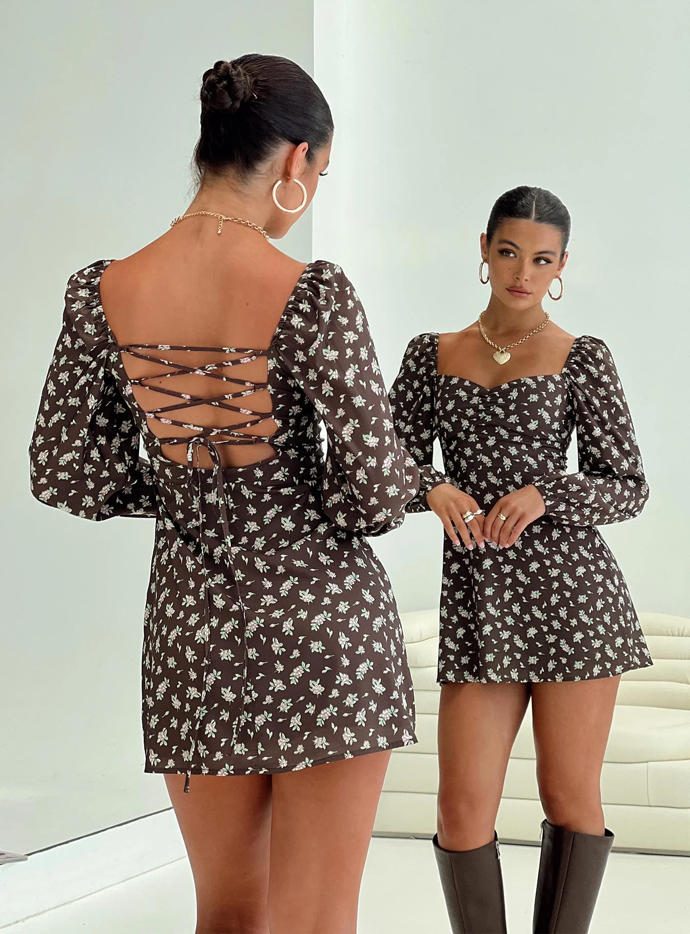 Landon Long Sleeve Mini Dress Brown Floral