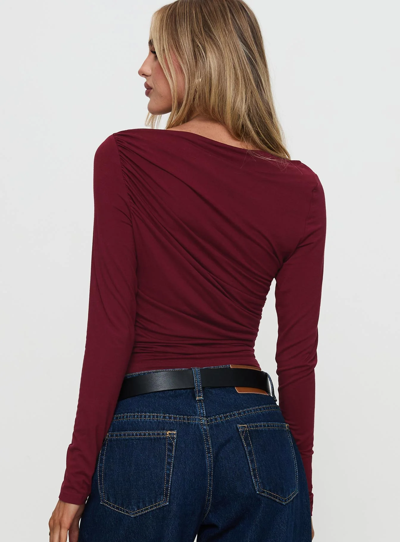 Amberlyn Long Sleeve Ruched Top Burgundy