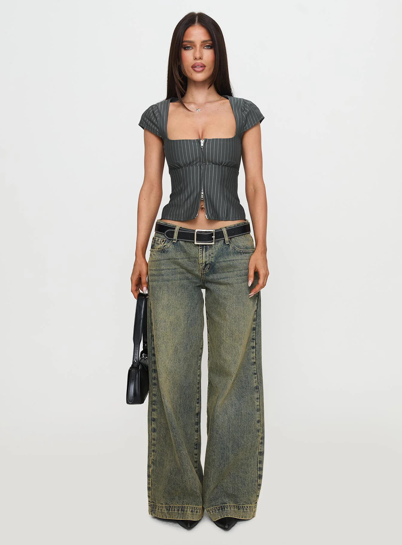 Santa Cruz Zip Through Top Grey Pinstripe