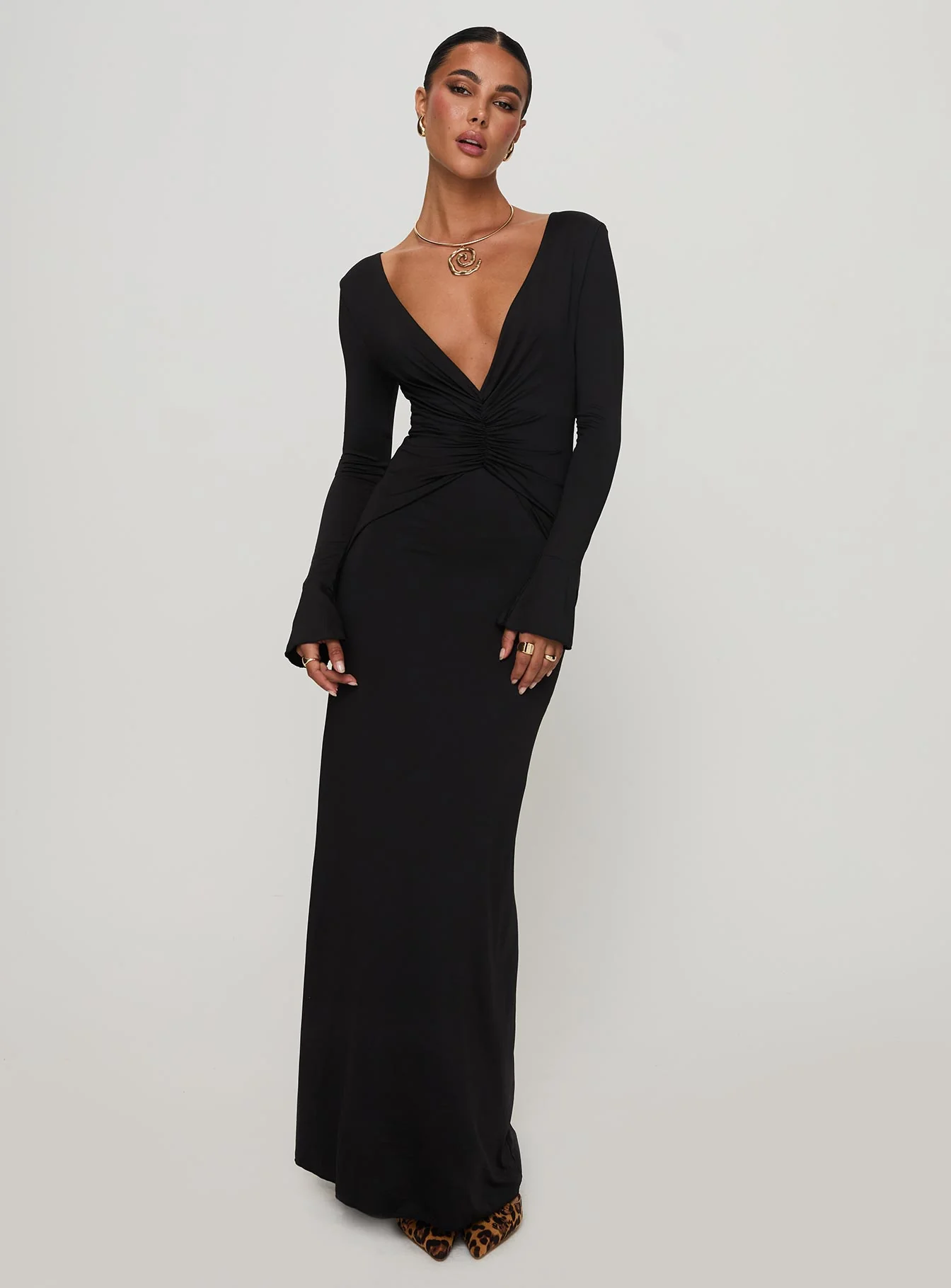 Lezure Plunge Long Sleeve Maxi Dress Black