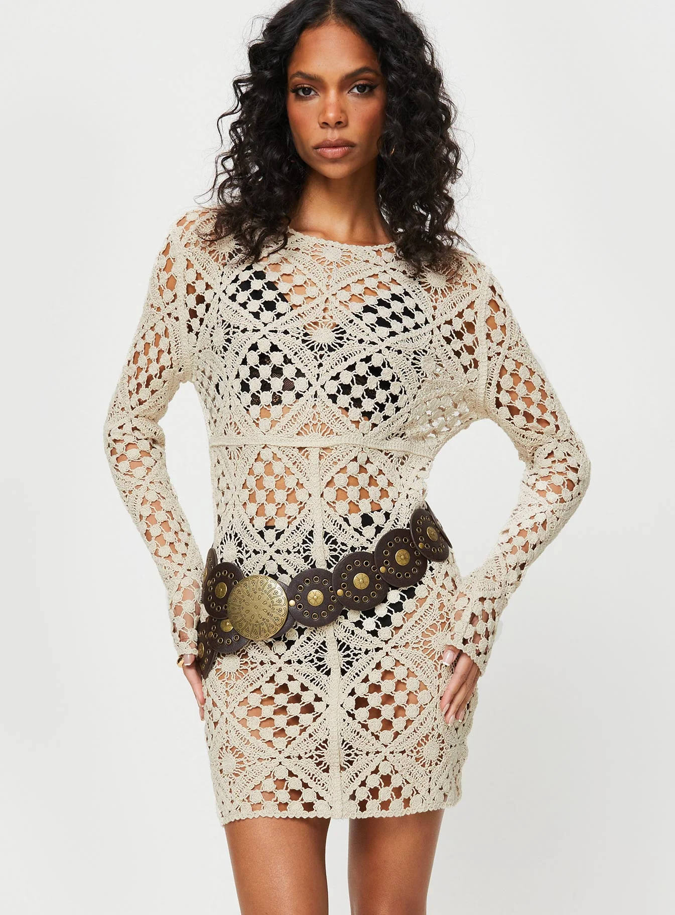 Atzaro Crochet Mini Dress Almond