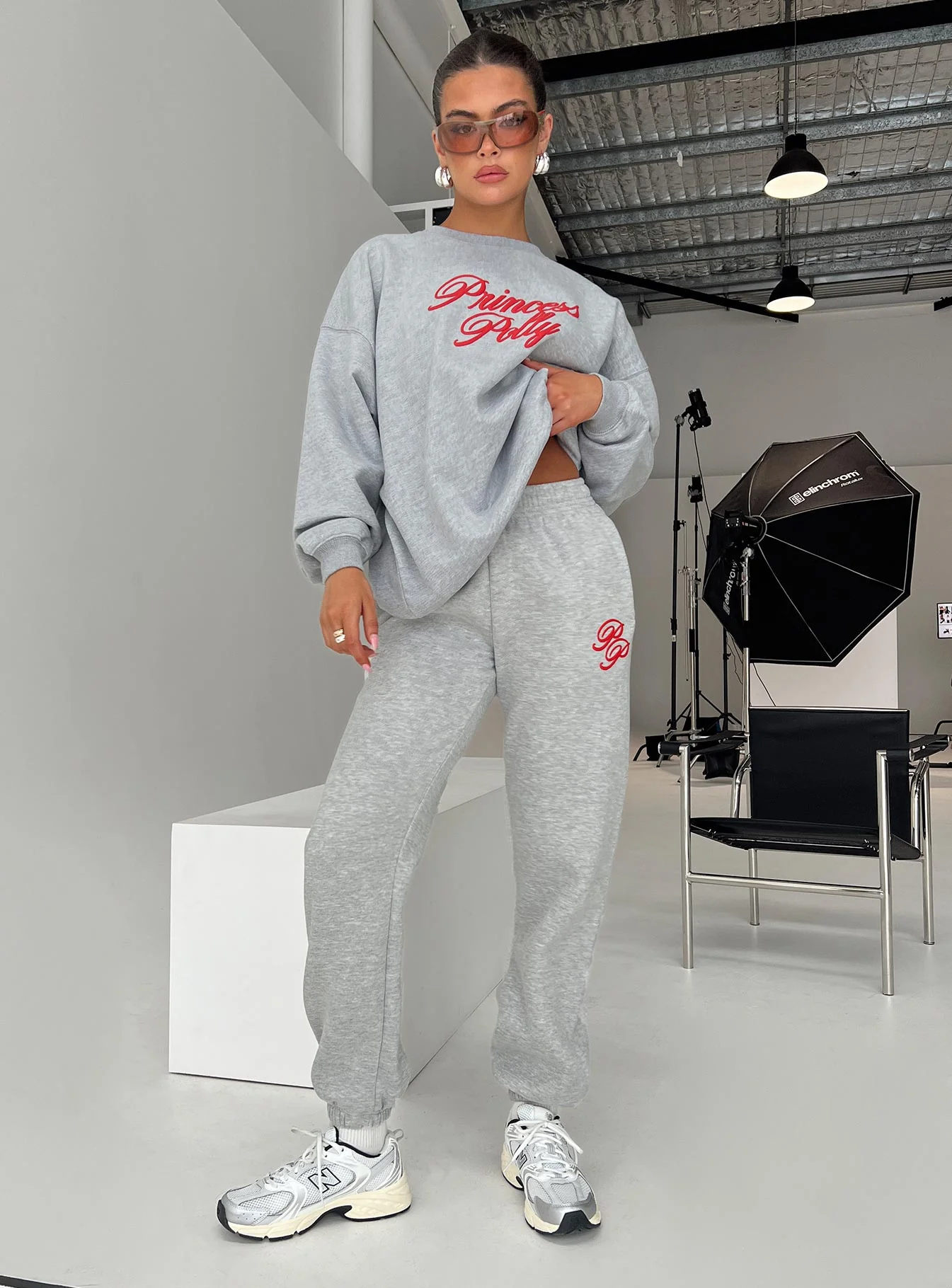 Princess Polly Track Pants Cursive Text Grey Marle/ Red