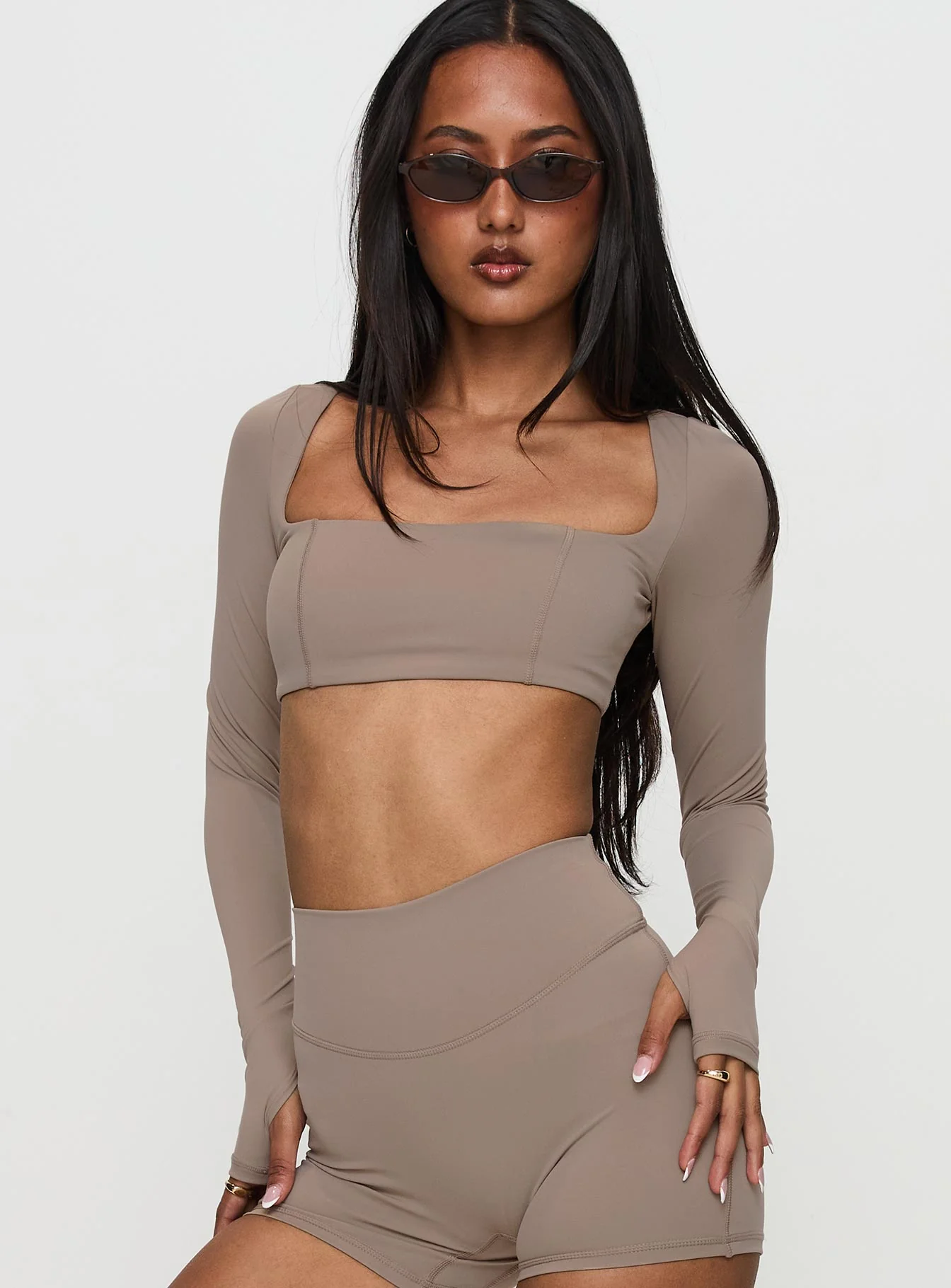Set Point Active Square Neck Long Sleeve Top Taupe