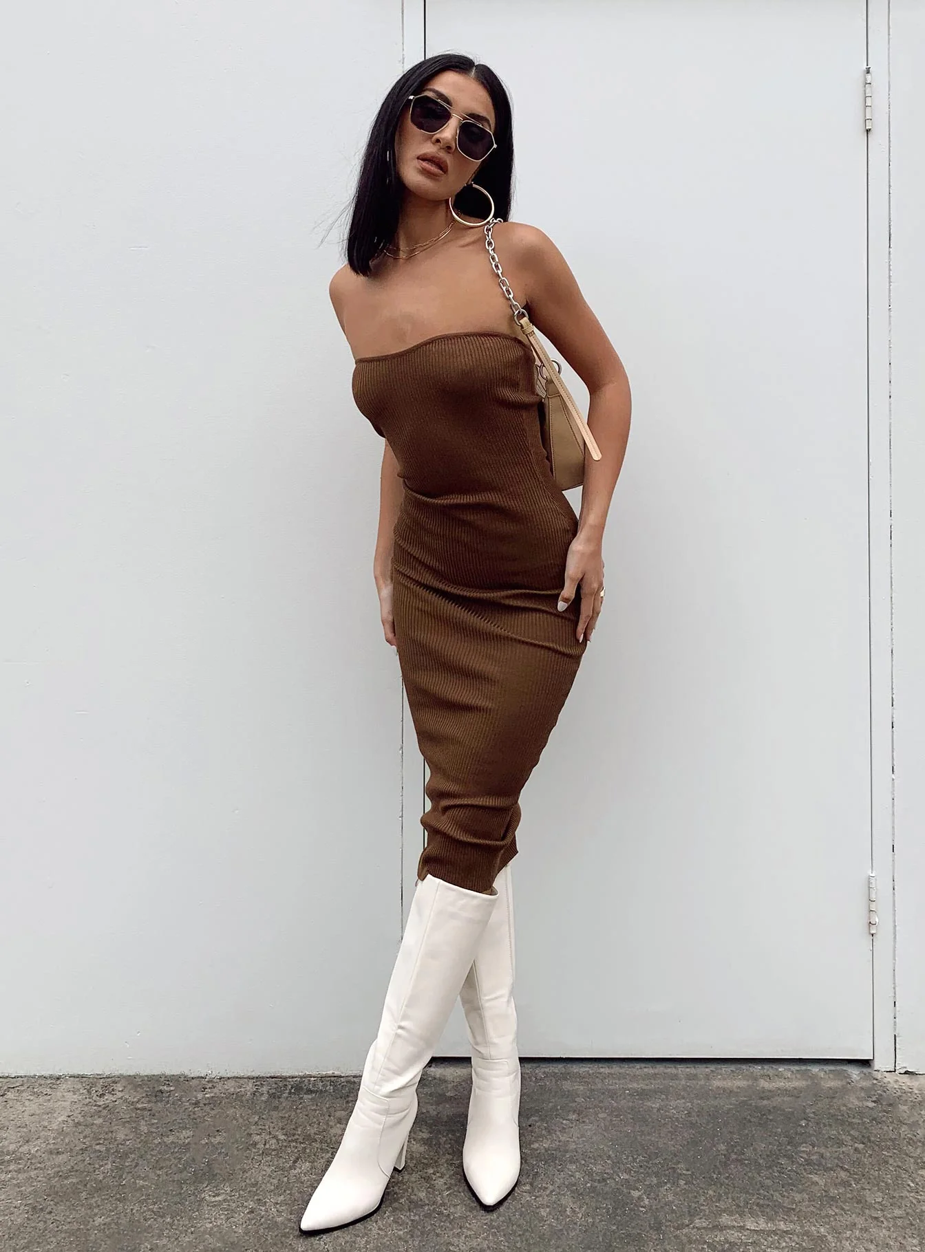 Paige Strapless Midi Dress Brown