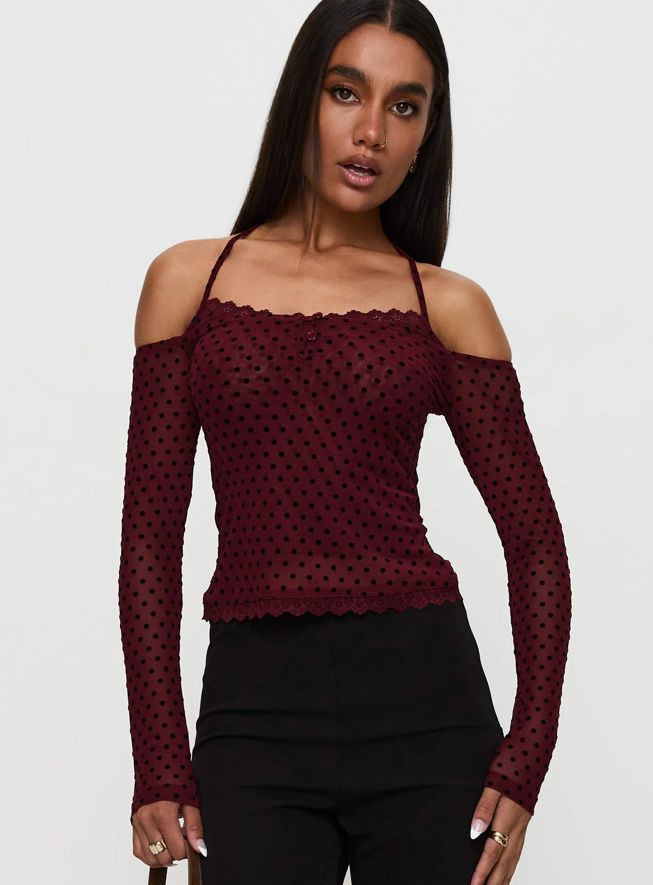 On My Side Off Shoulder Tie Neck Top Burgundy