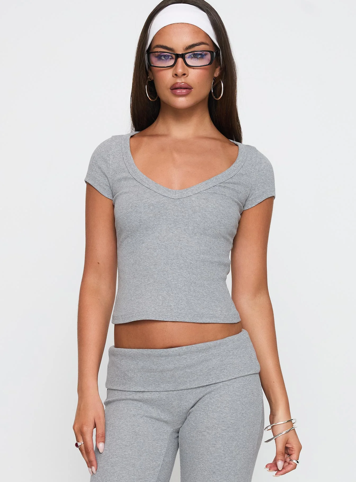 Lovely Day V Neck Top Grey Marle