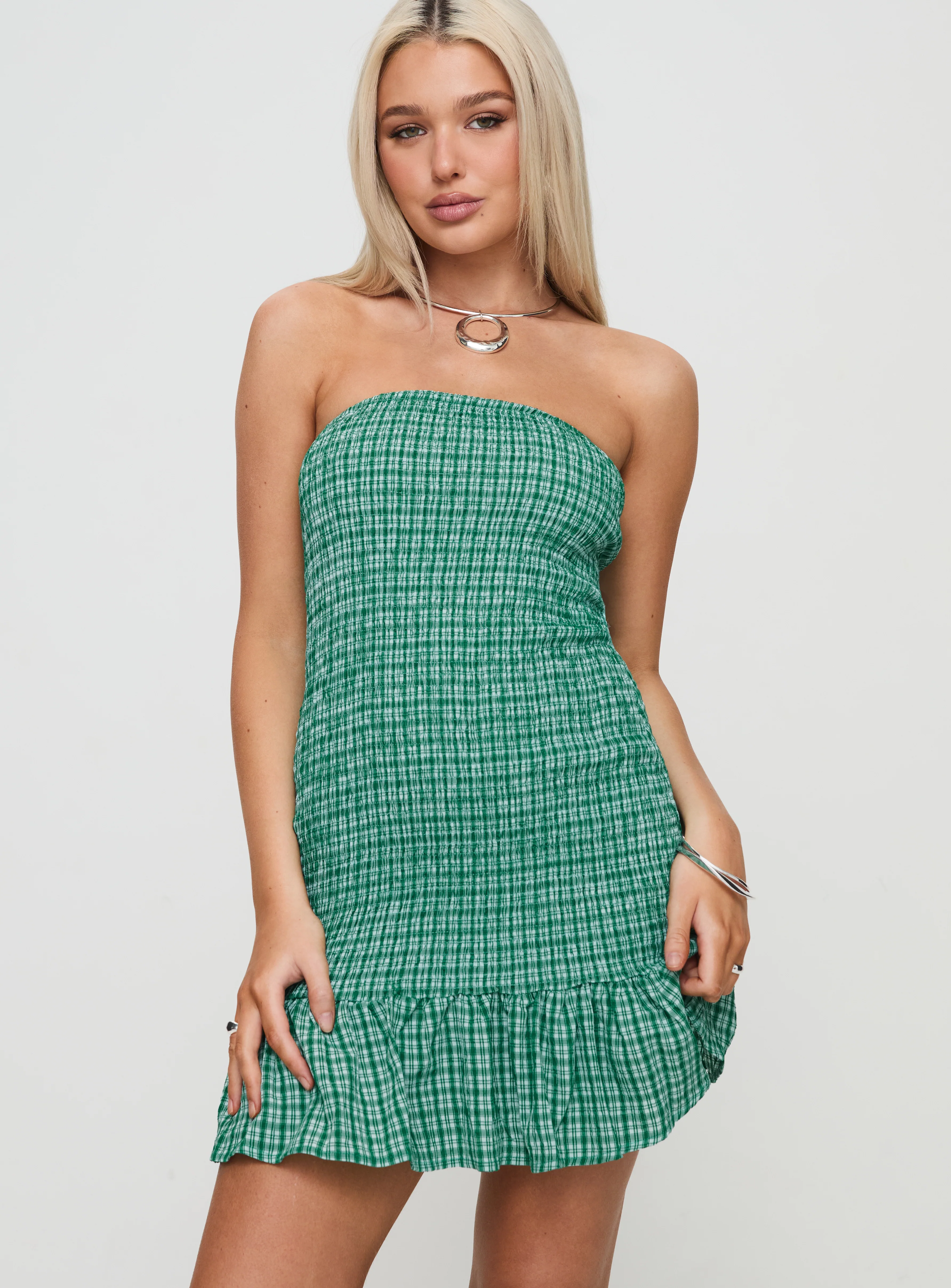Porschia Strapless Mini Dress Green Check