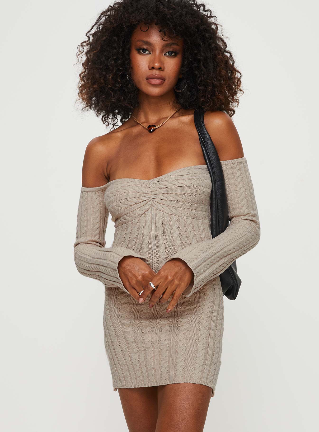 Bayard Off The Shoulder Knit Mini Dress Beige