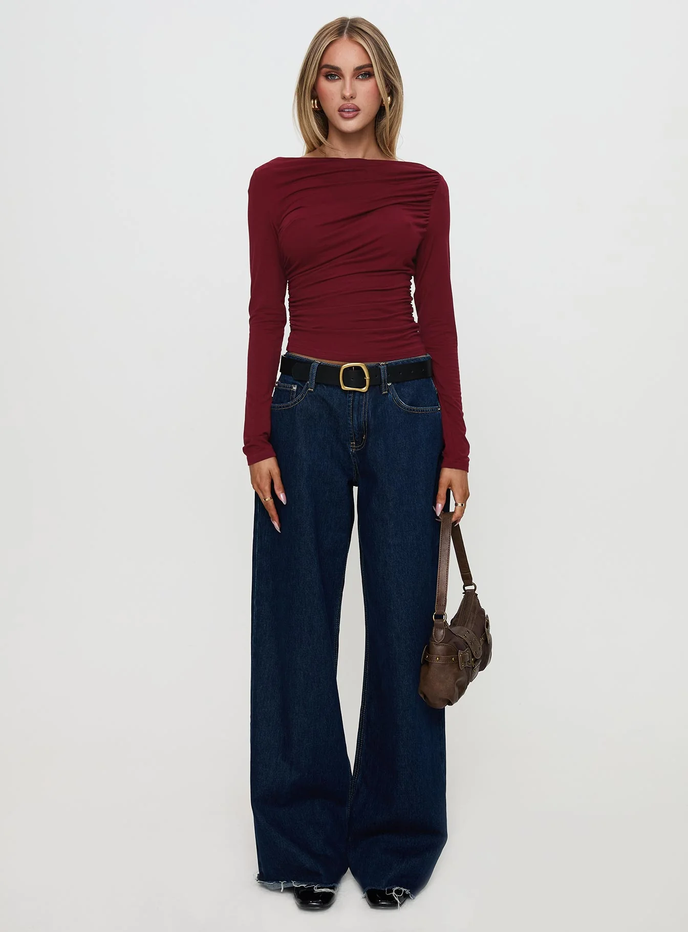 Amberlyn Long Sleeve Ruched Top Burgundy