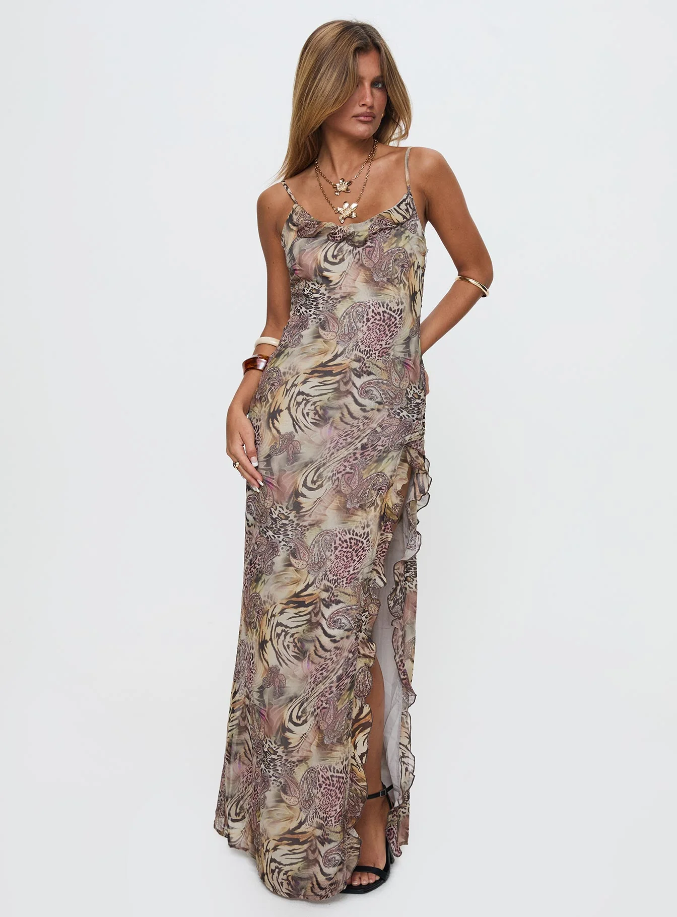 Sympathize Frill Split Maxi Dress Multi