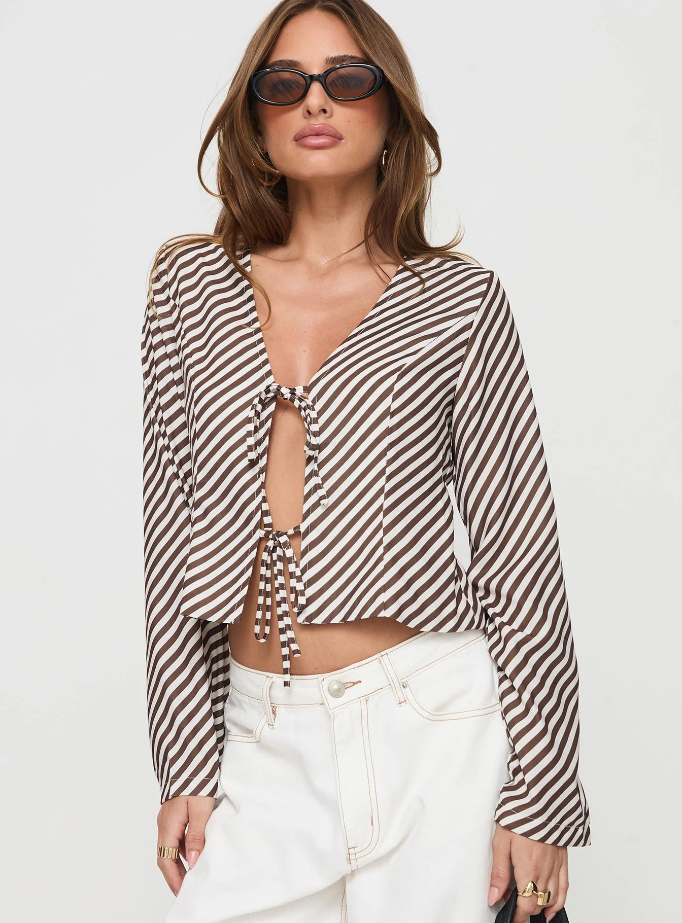 Maxette Long Sleeve Tie Top Brown Stripe