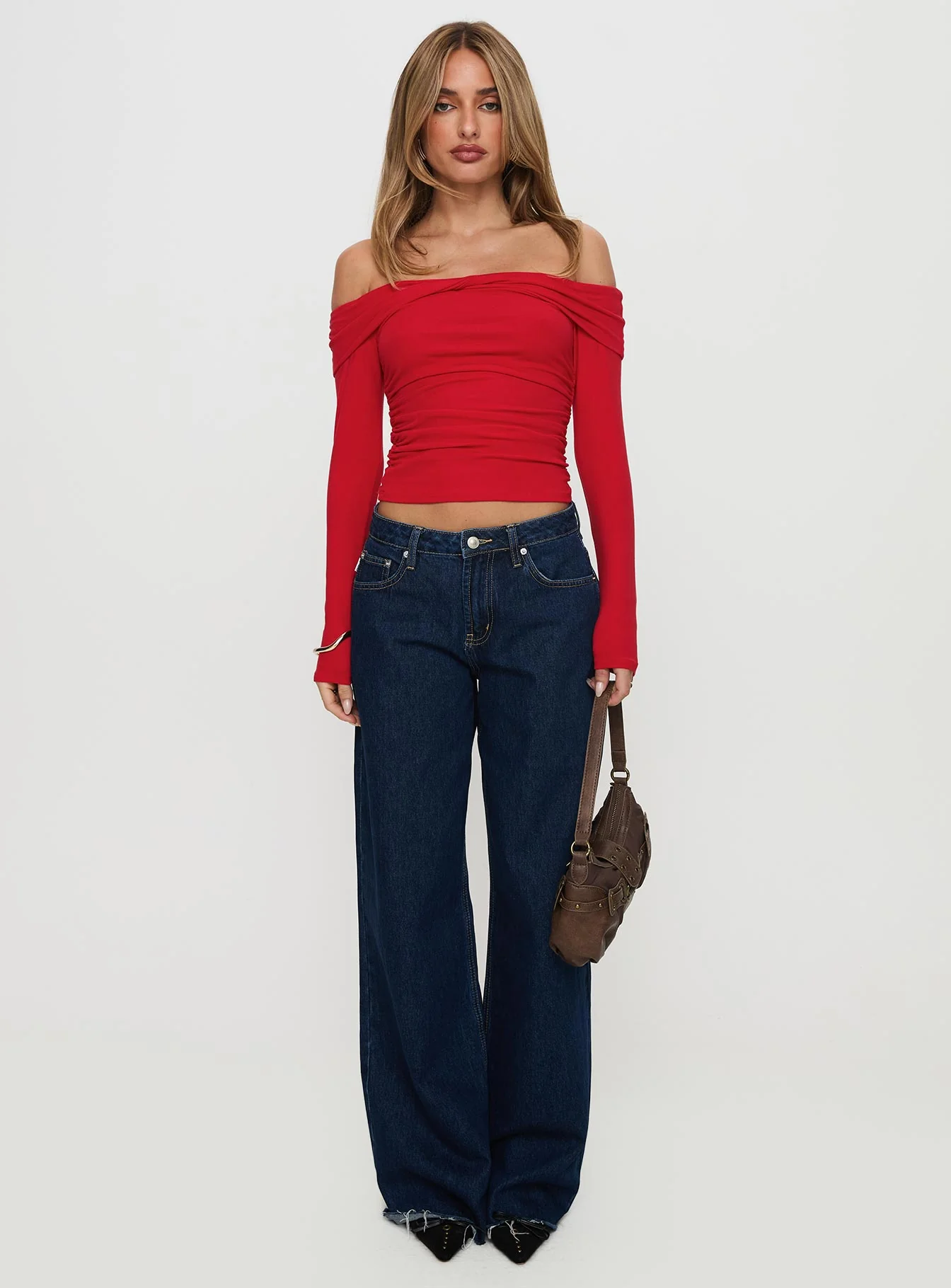 Sonnett Off Shoulder Twist Long Sleeve Top Red
