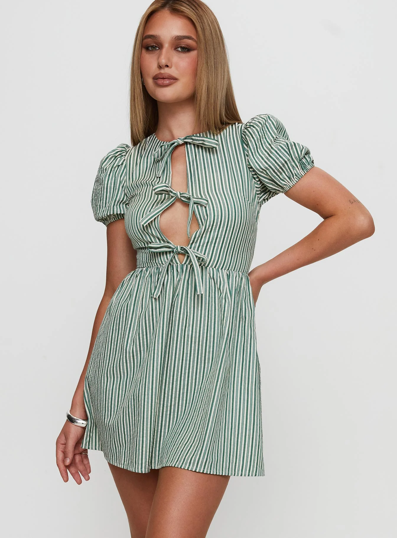 Nurture Bow Mini Dress Green Stripe