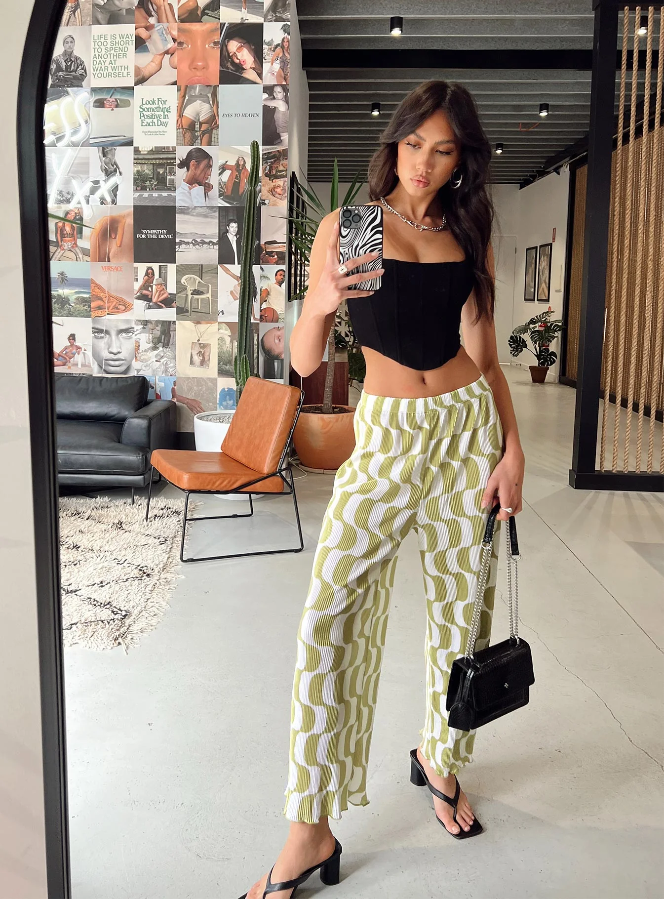 Taina Pleated Wide Leg Pants Green Multi